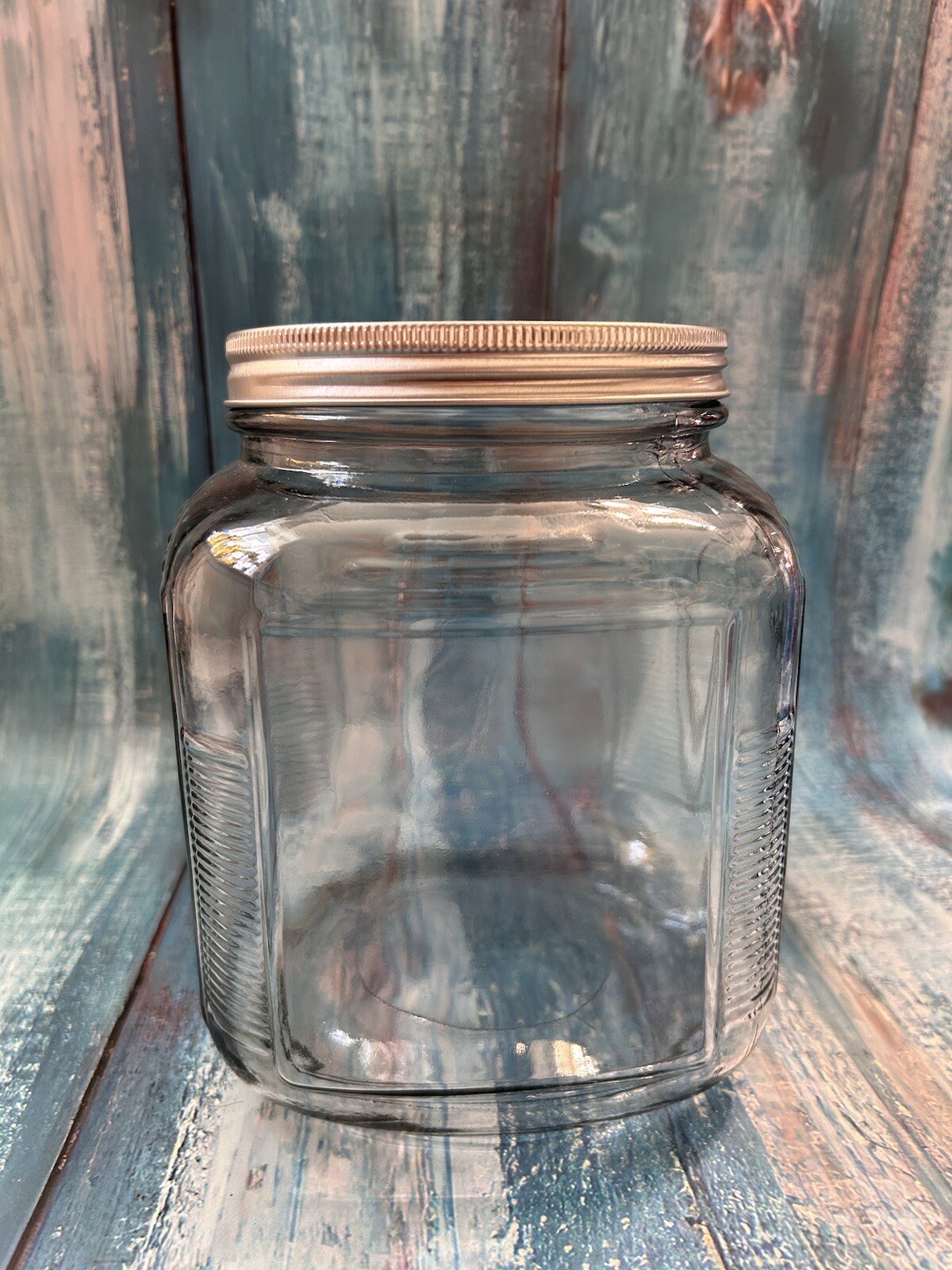 General Store Clear Glass Counter Top Display Jar Silver Lid USA Vtg 8×7 in