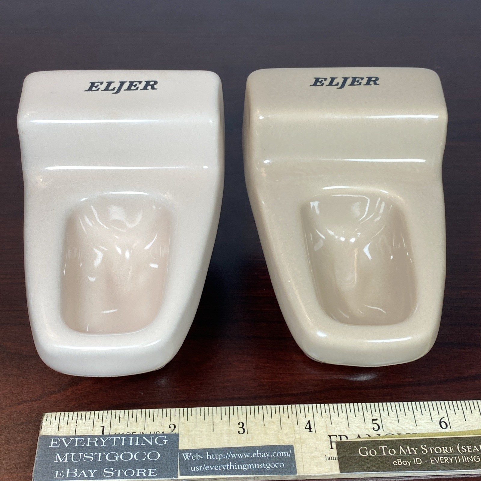 2 Vtg ELJER Salesman Sample Mini Porcelain Toilet Display Off White Pink Brown