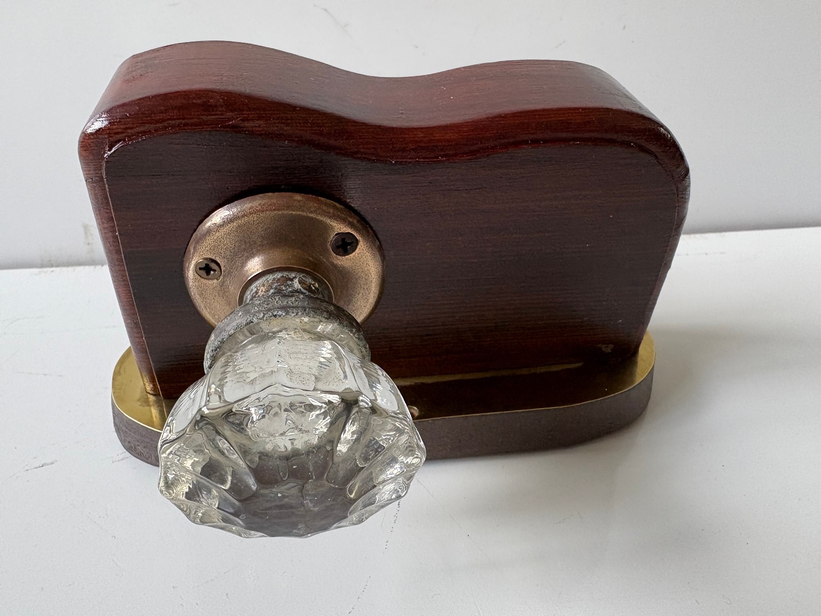 Vintage Salesman’s Sample 2 Clear Glass Doorknobs & Corbin Lock Plate on Wood