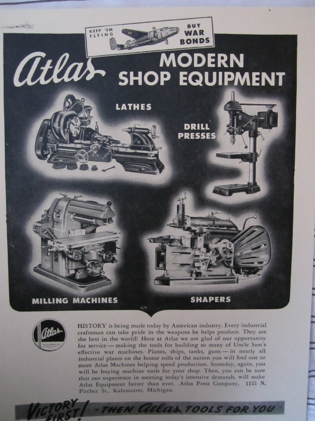 Vintage 1942 WWII ATLAS “VICTORY FIRST TOOLS” Advertising Sign Lathes/Presses