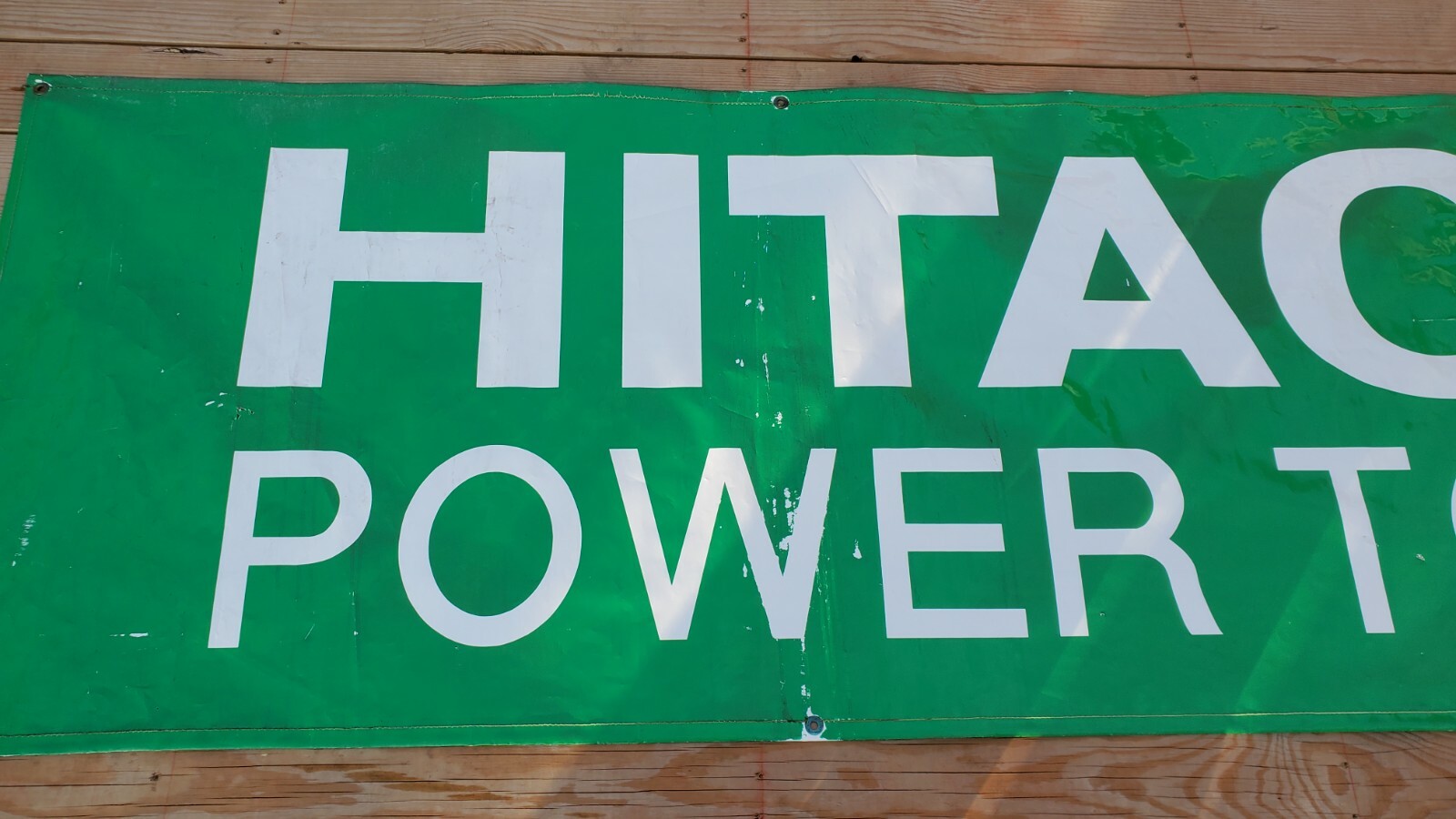 VINTAGE LARGE HITACHI POWER TOOLS LOGO VINYL BANNER ADVERTISING SIGN
