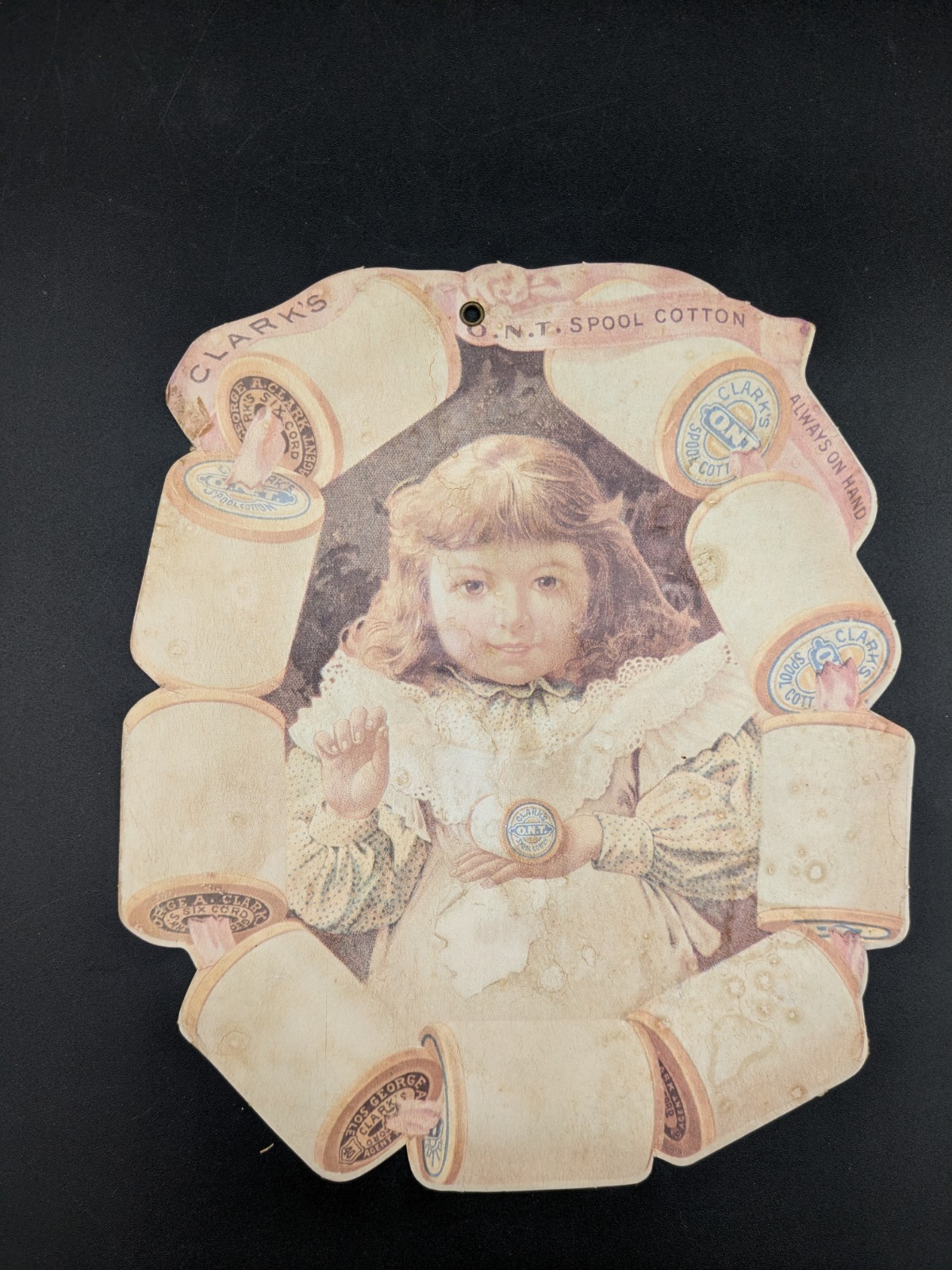 Antique Clark’s O.N.T. Spool Cotton Thread Die Cut Store Window Advertisement
