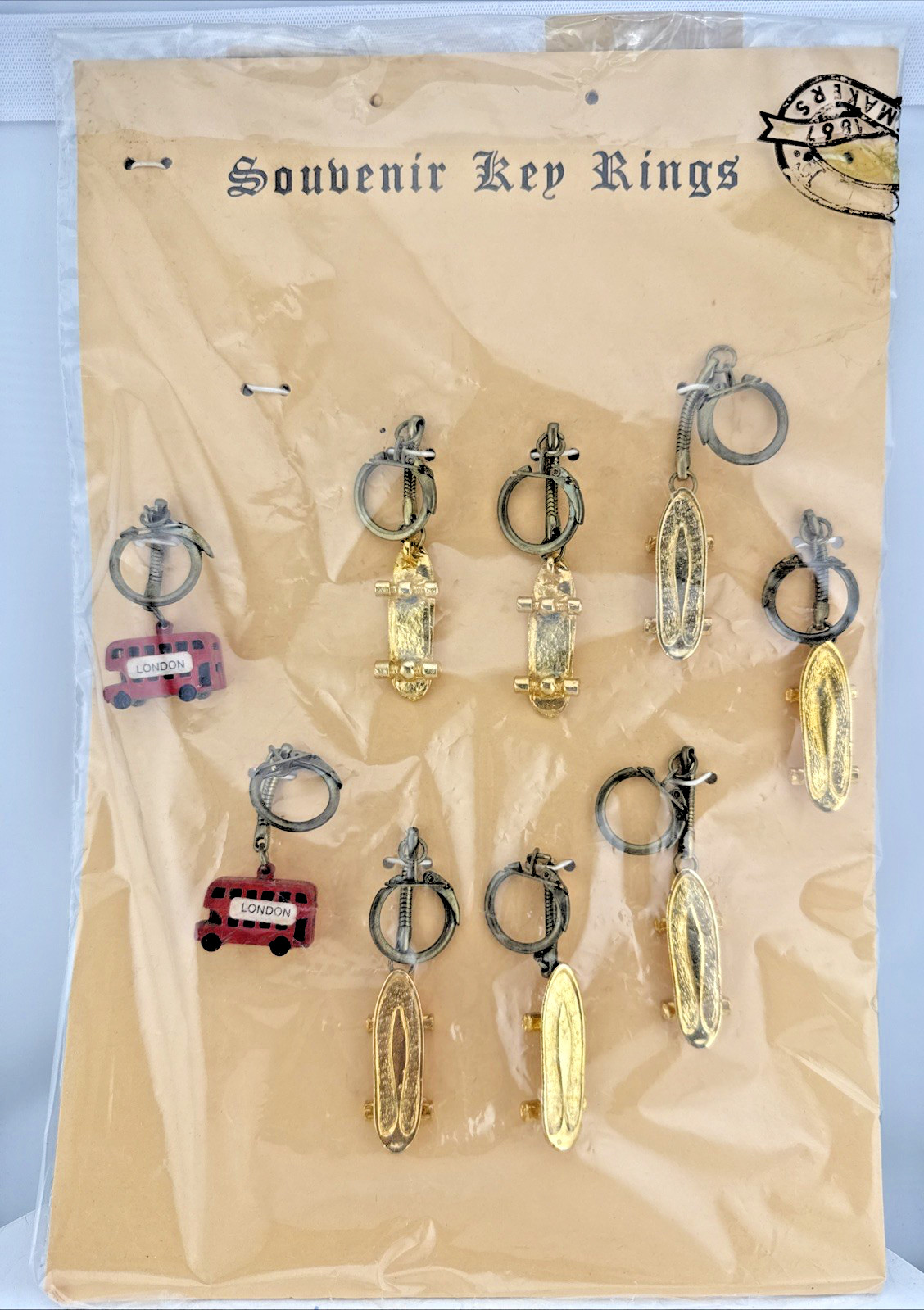 Souvenir Key Rings Red London Bus Gold Skateboard Original Store Display 9 Items