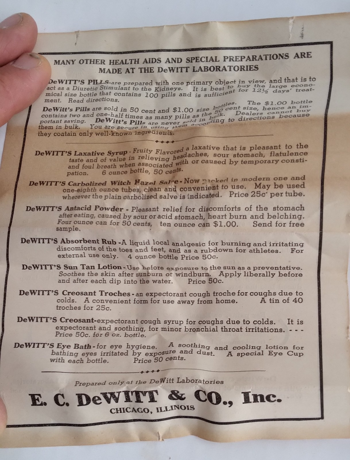Vintage DEWITT’S OIL FOR EAR USE Bottle & Box with Promotional Advertisement.