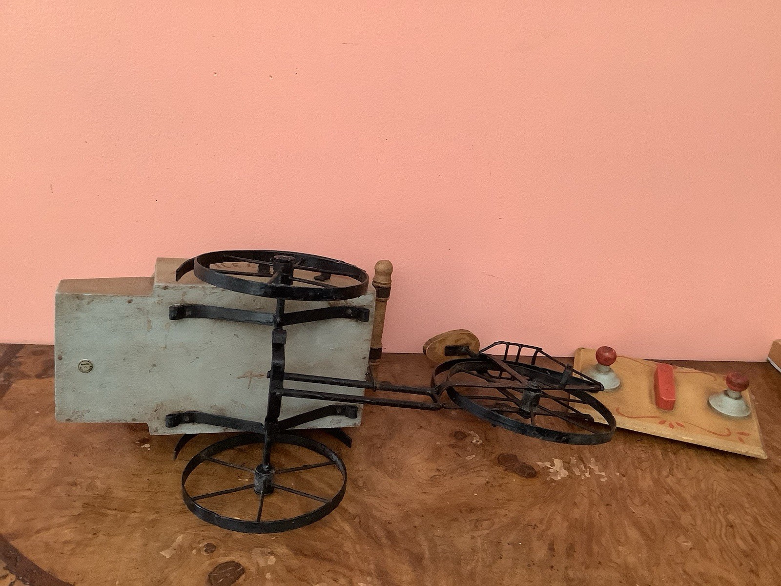 Wooden Ice Cream Vendor Cart With Metal Bicycle Hand Painted 18”X9” X 8”