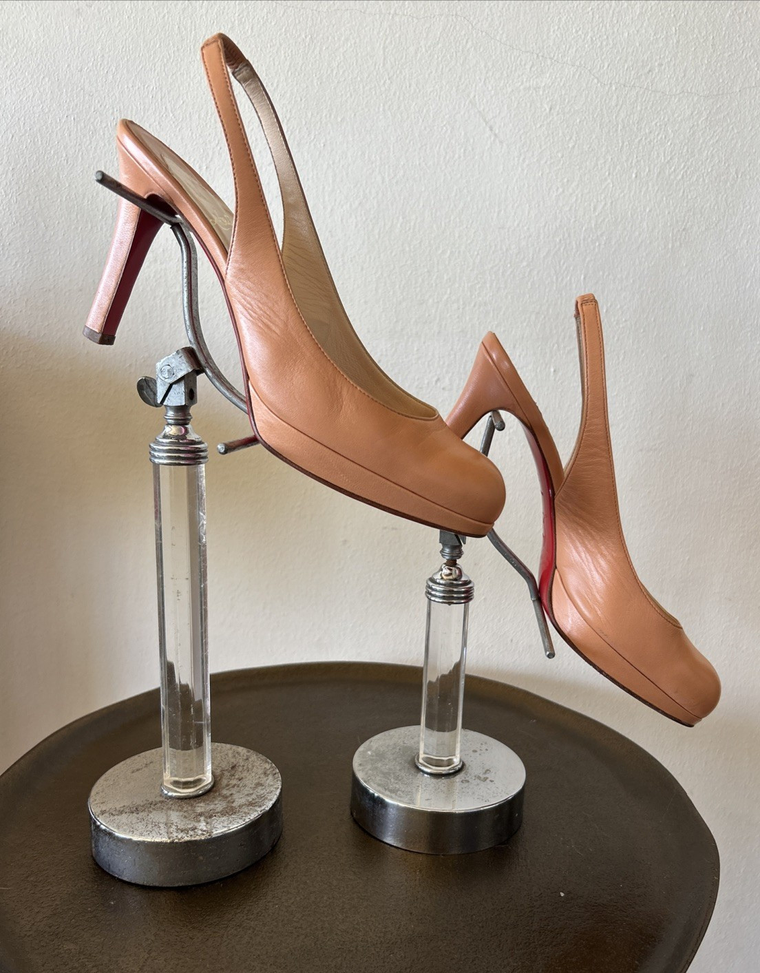 Set of 2 Vintage Shoe Display Stand Mercantile Art Deco Chrome Acrylic? AS IS