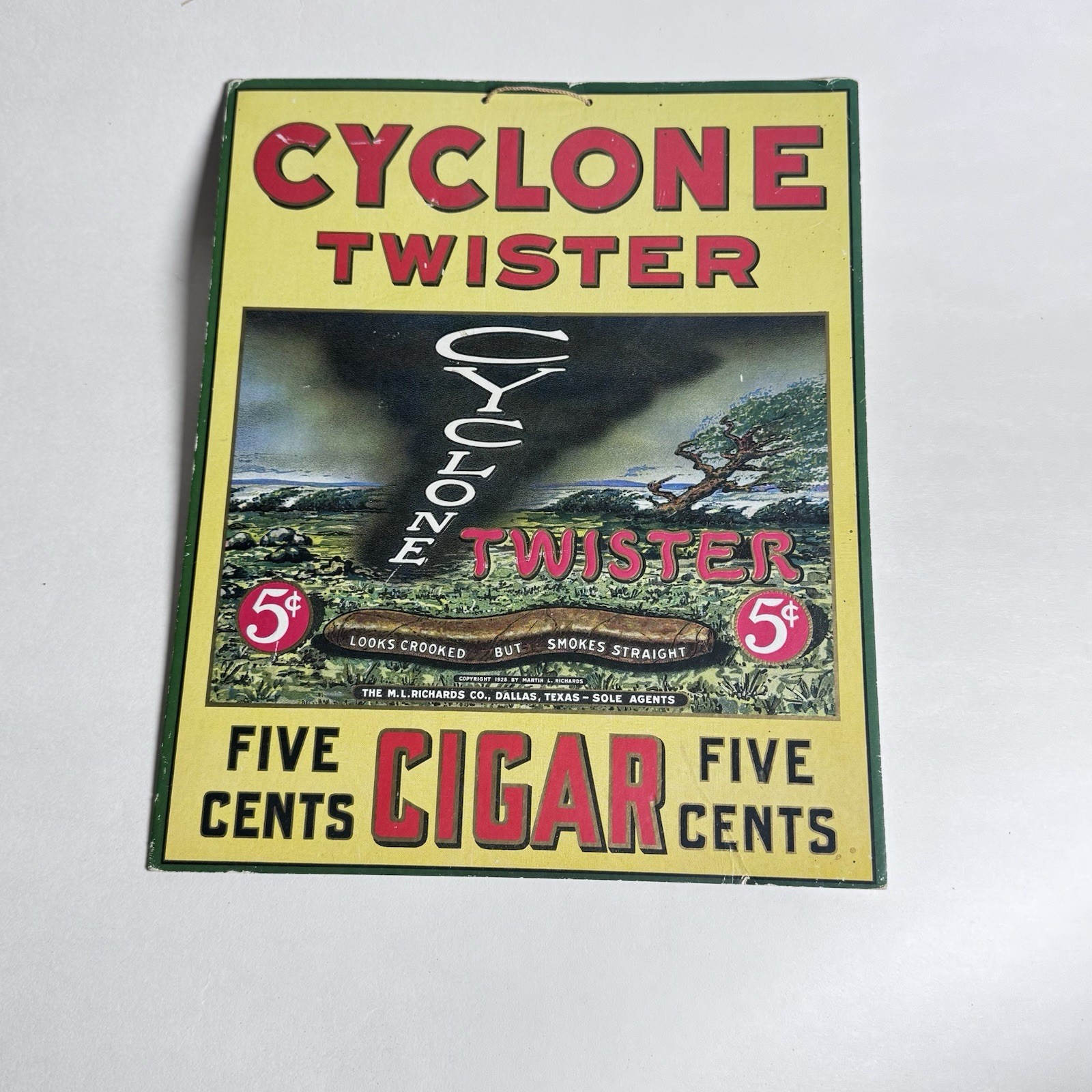 Original Vintage 1928 Cyclone Twister Cigar Embossed Advertising Sign Dallas TX