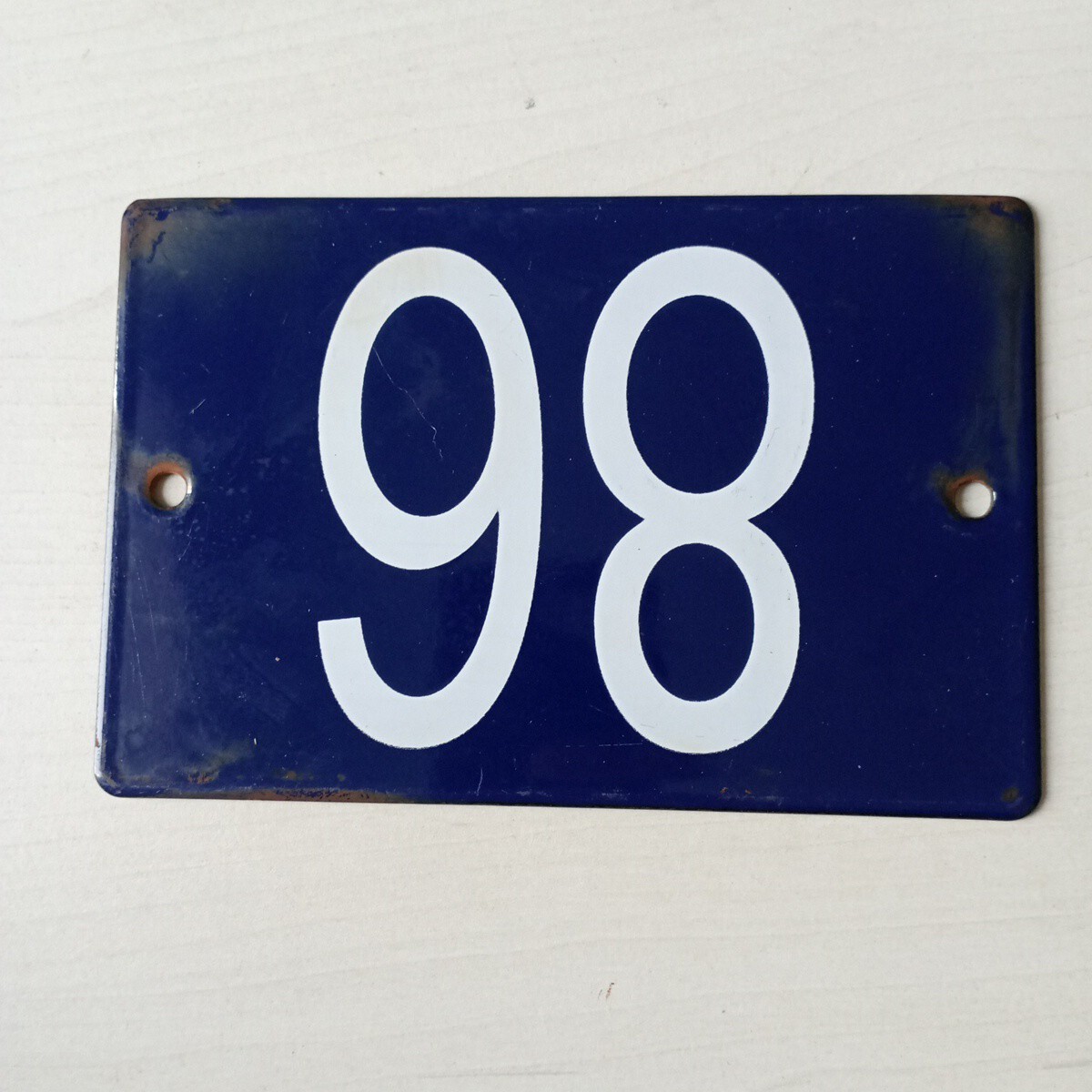 Old street number, house enamelled plaque, 15×10 cm, blue No. 98 86