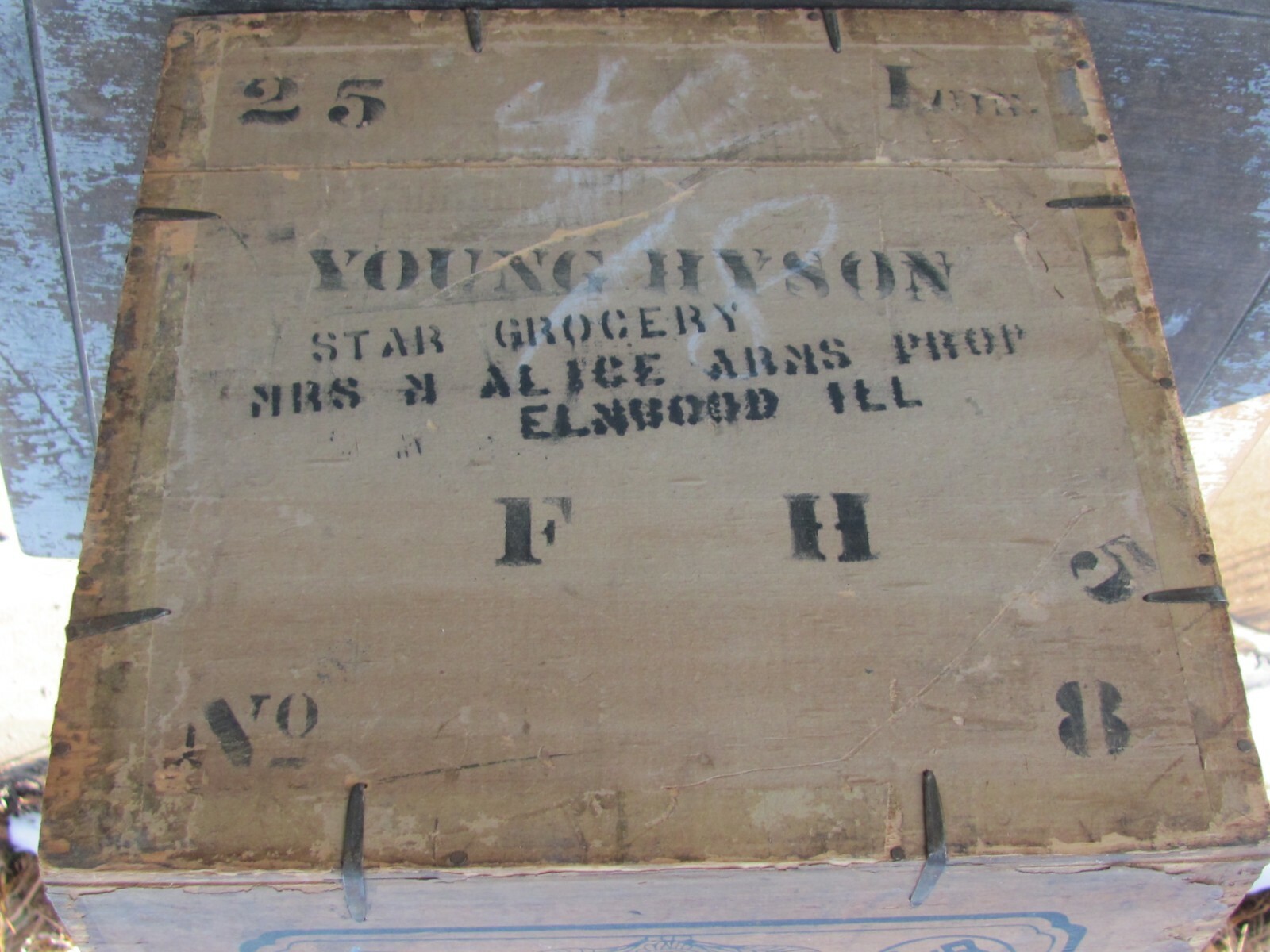 ANTIQUE WOOD SHIPPING BOX HYSON TEA TO ELMWOOD IL STAR GROCERY STORE A. ARMS