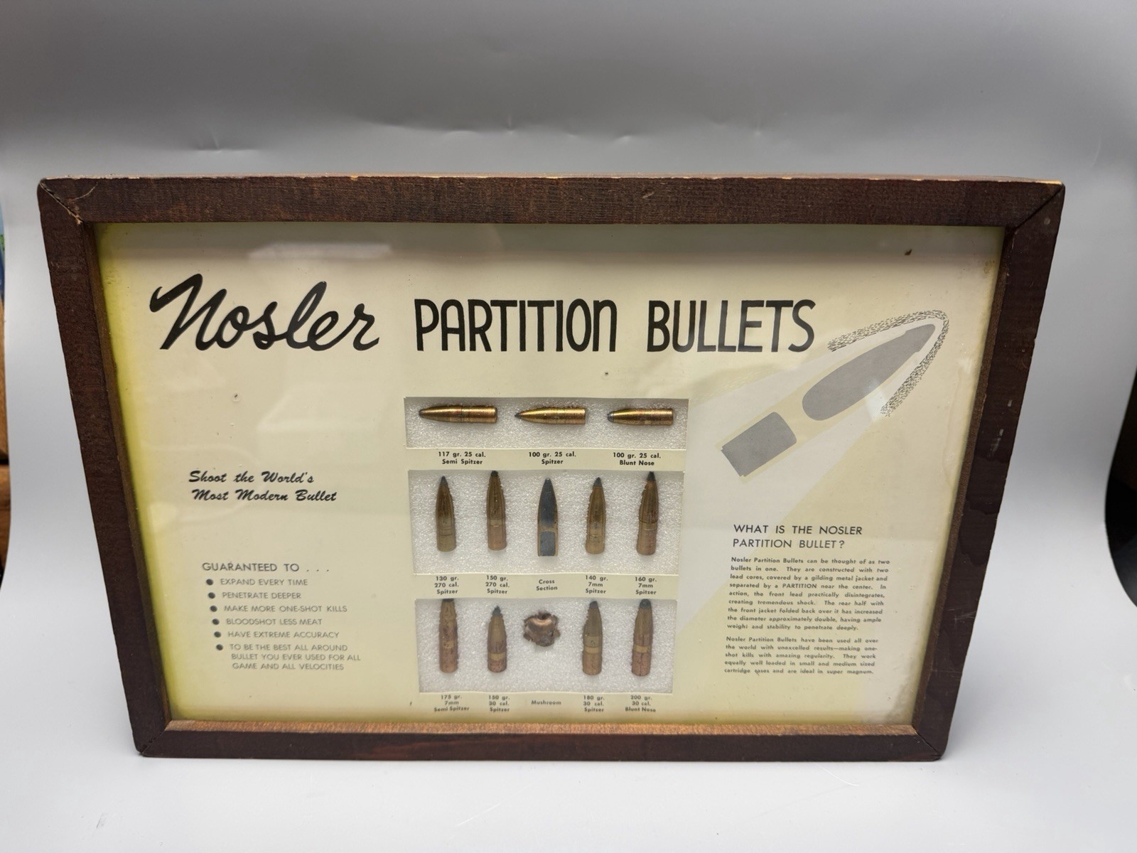 Nosler Partition Bullets Vintage Store Display in Wood Frame