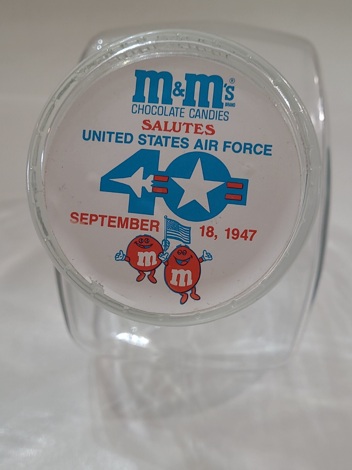 M&M Chocolate Candies United States Air Force 1947 40 years Glass Canister Jar
