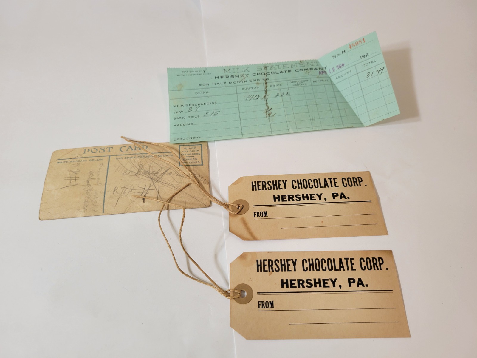 RARE Misc Hershey Memorabilla : Postcard, Tags, and Milk Statement 1924