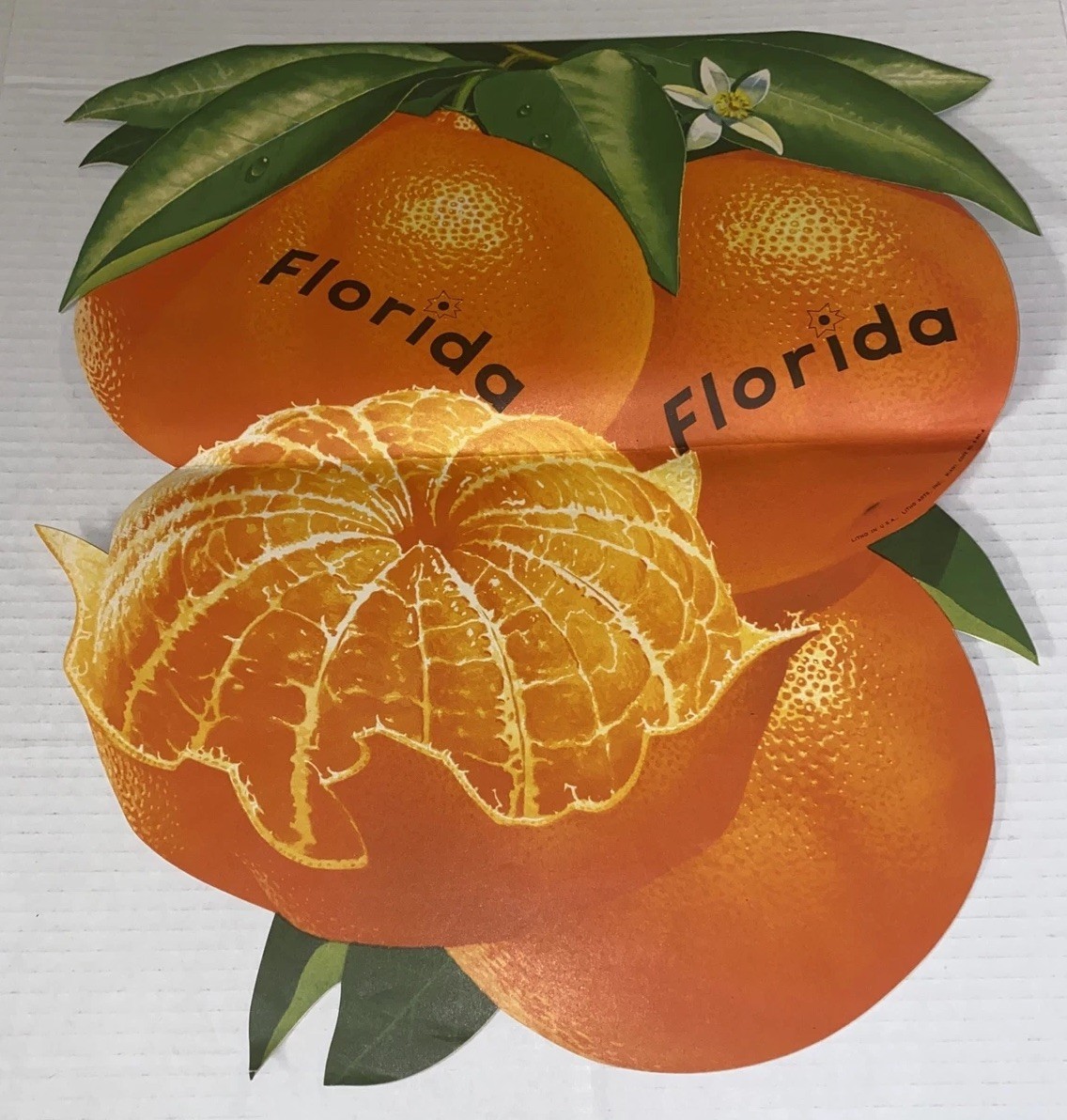 Vintage Florida Oranges PEELED ver Grocery Sign AD Poster Display Litho USA Prop