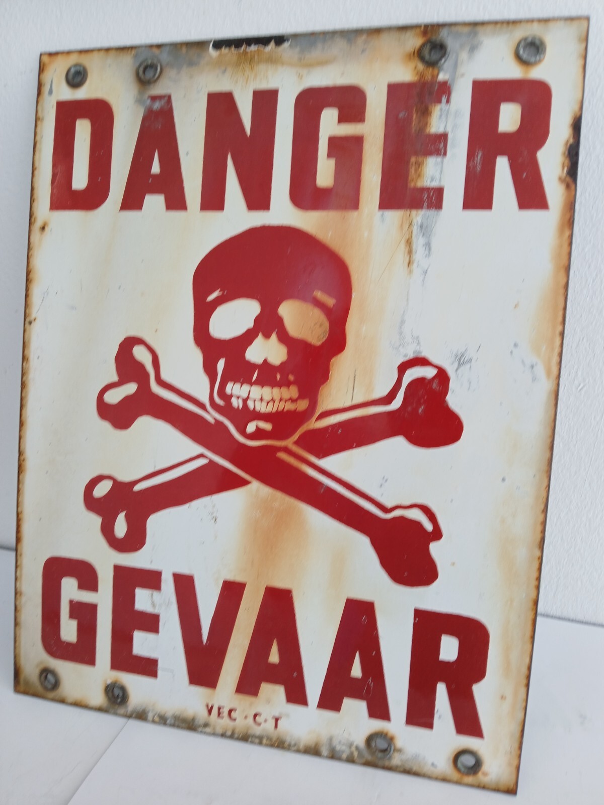 ENGLISH SIGN DANGER DANGER SIGN metal and porcelain enameled 1950s with skull