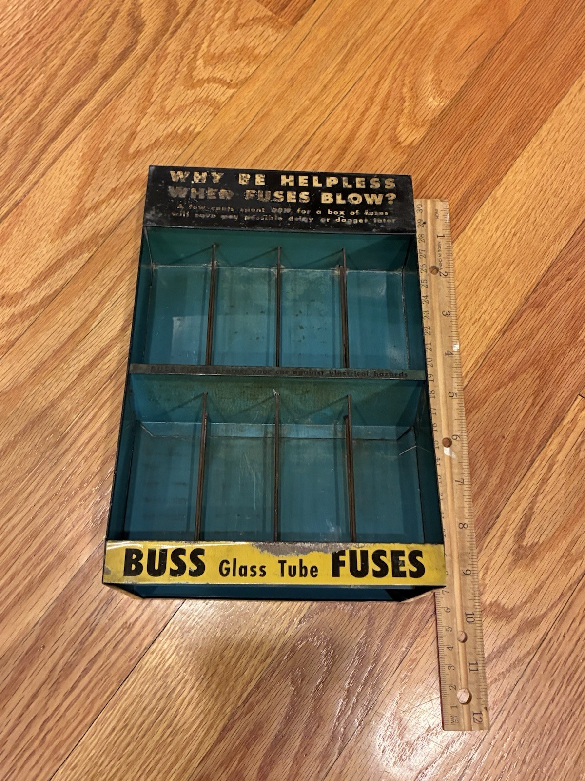 Vintage Advertising Display Case – BUSS GLASS TUBE FUSES – WHY BE HELPLESS WHEN?