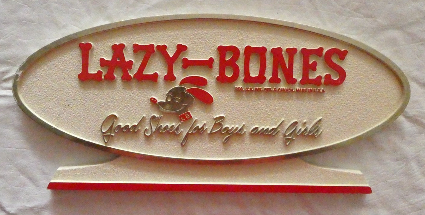 Vintage 70s Lazy Bones Shoes Plastic Counter Display Sign Tabletop Advertising