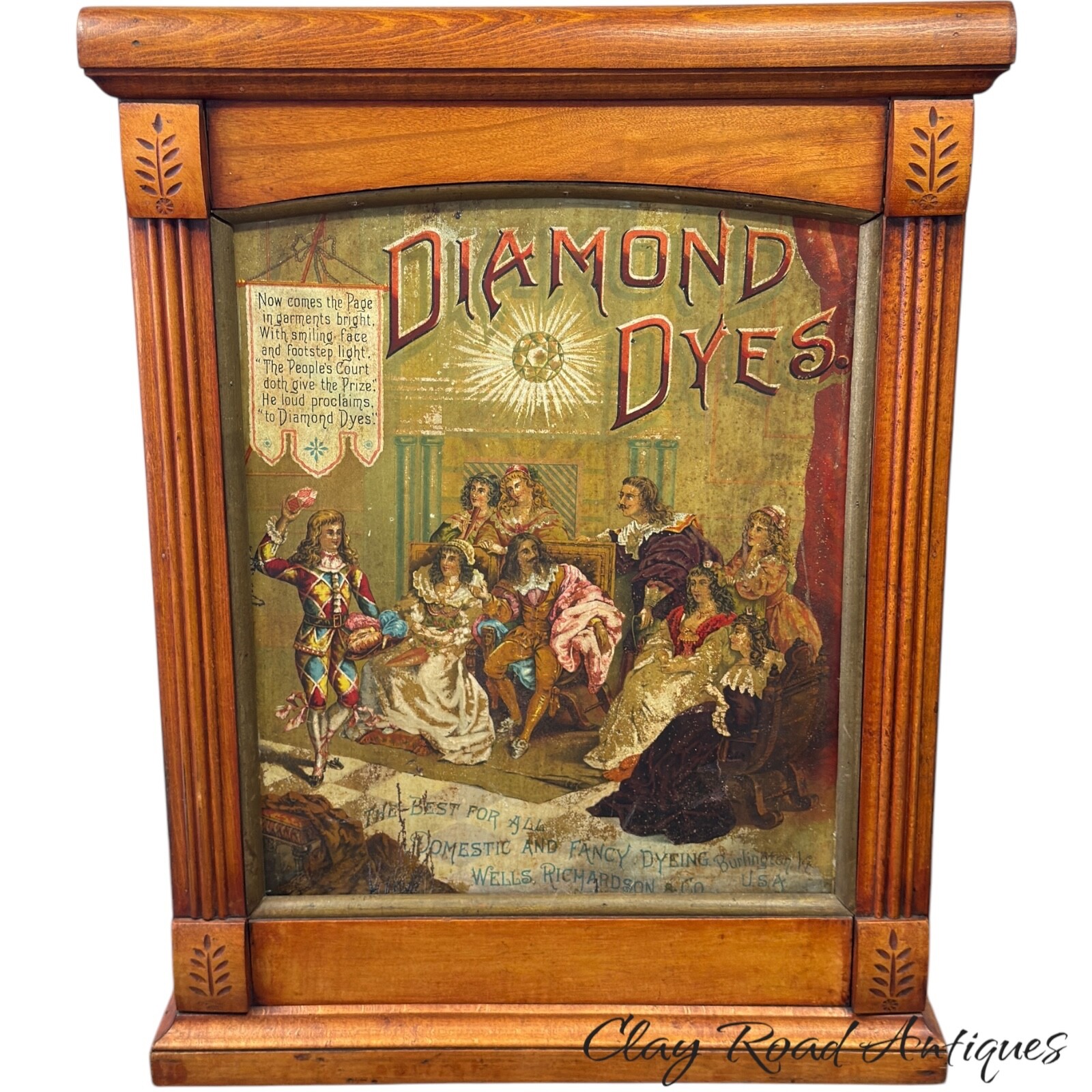 Diamond Dyes Display Cabinet – Antique Tin Litho country Store rare jester