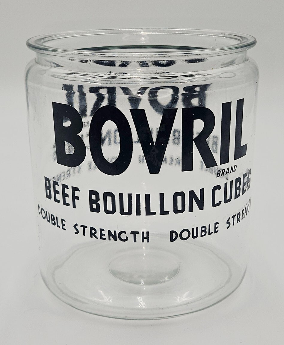 BOVRIL Bouillon Jar Store Display Glass Jar Clear with Black Lettering
