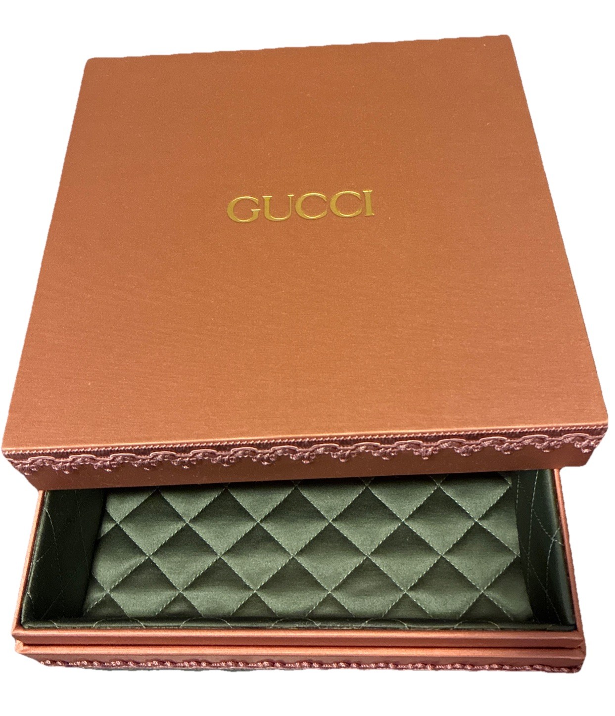 Gucci Gift Box Satin Dusty Rose Green Quilted Lining 10x10x3.5″ NEW