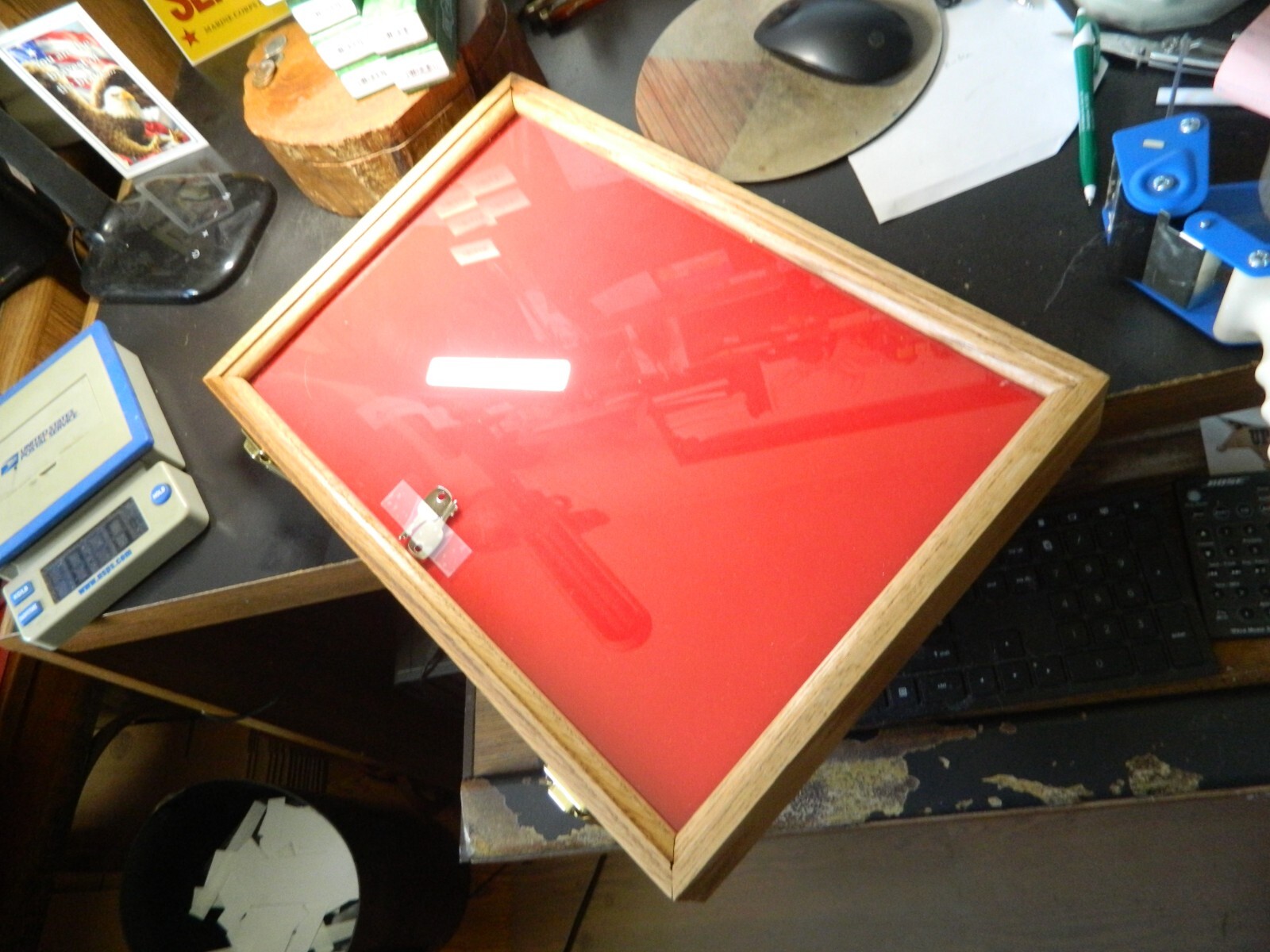 OAK DISPLAY CASE 7.75″ x 9.50 ” x 2.25″ RED LINER BRASS LOCK HINGE’S MADE IN USA