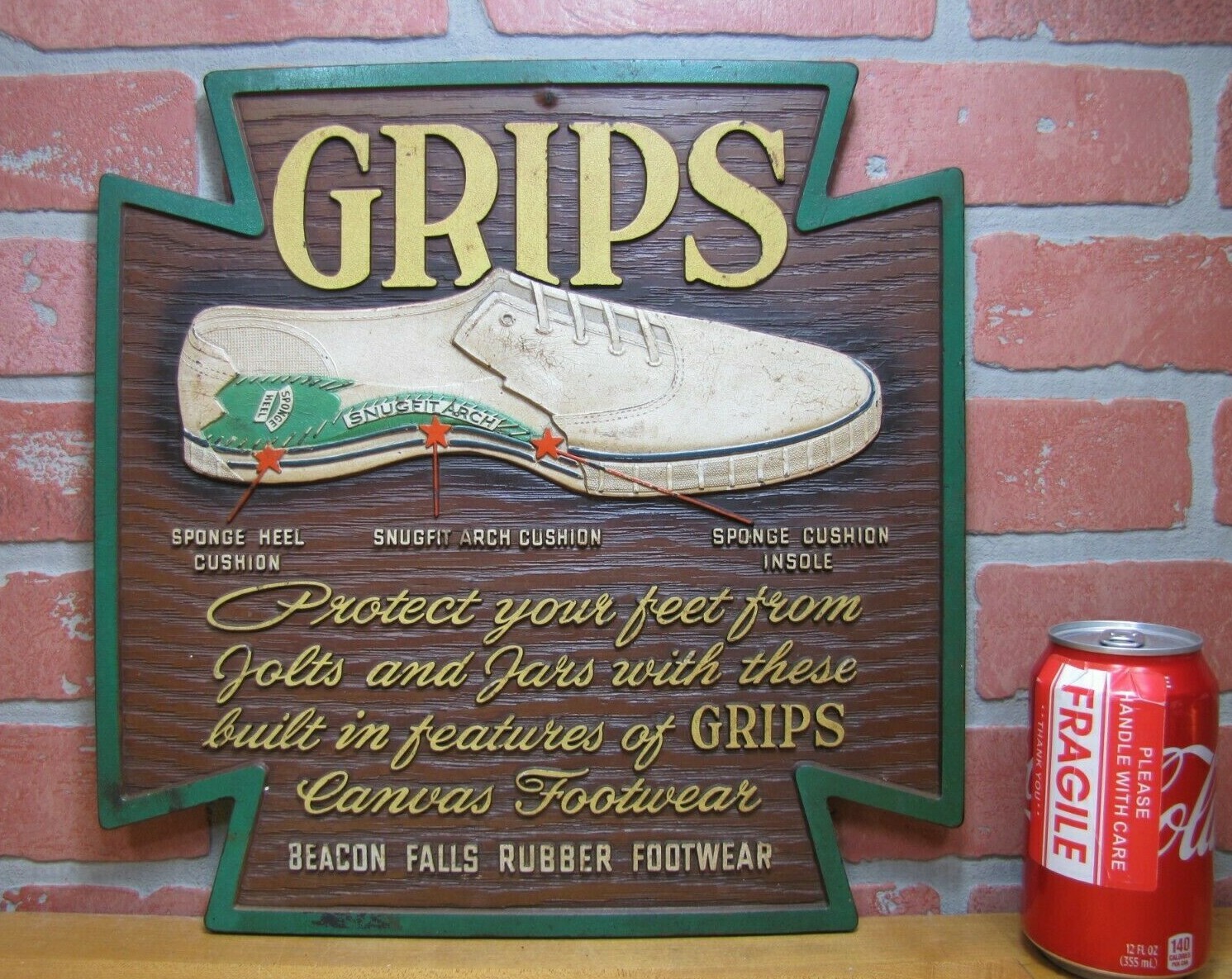 GRIPS CANVAS SNEAKERS BEACON FALLS RUBBER FOOTWEAR Old Shoe Store Ad Sign USA