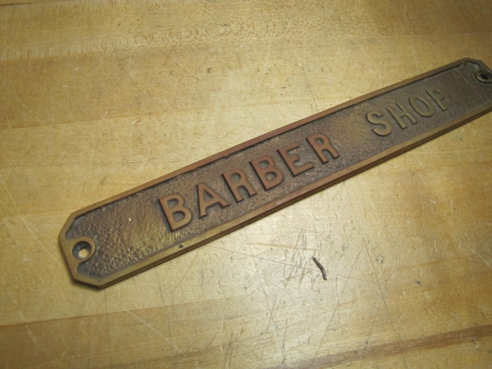 BARBER SHOP Old Embossed Store Display Advertising Sign Bronze Brass Patina
