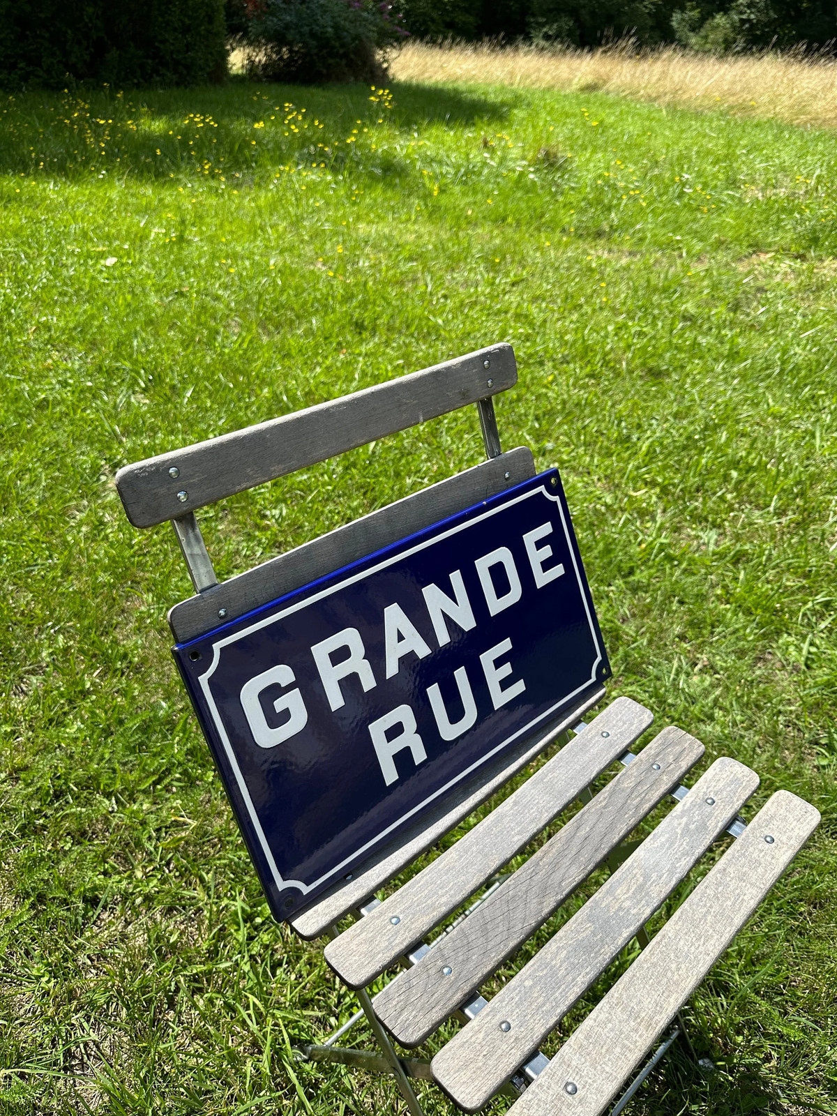 Vintage French City Street Sign “GRANDE RUE” in Blue Enamelled Sheet Metal