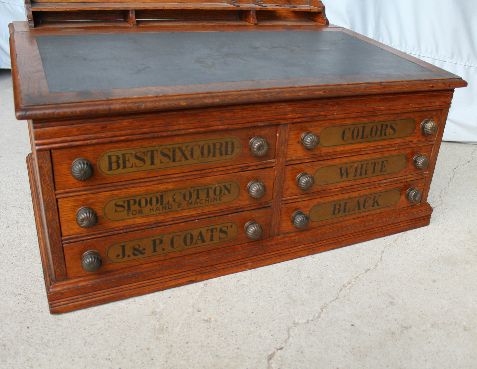 Antique J & P Oak Best Six Cord Oak Spool Cabinet – slanted lid