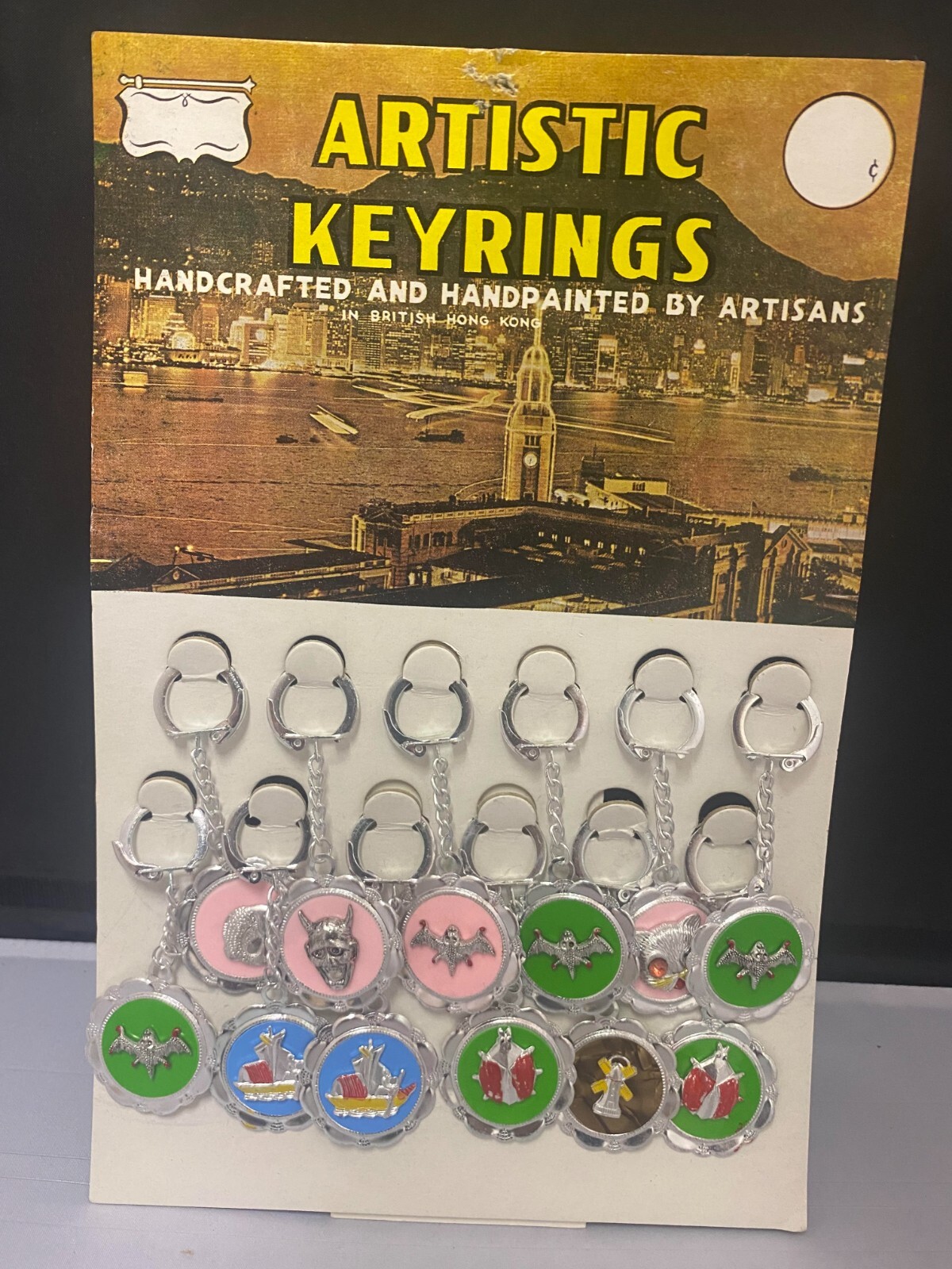 Vintage 1960s KEY CHAIN DISPLAY Old Store Stock Hong Kong Devil Head Bats