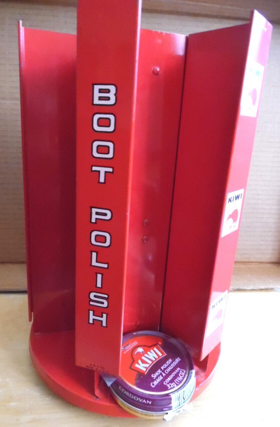 2 Vintage Store Display KIWI Shoe Polish Shoe Shine Metal Racks, red one rotates