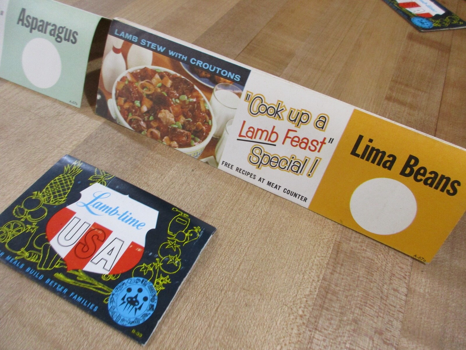 2 Vintage 1960’s era Lamb Fest Tent Cards Lima Beans Asparagus Trout Creek MI(r)