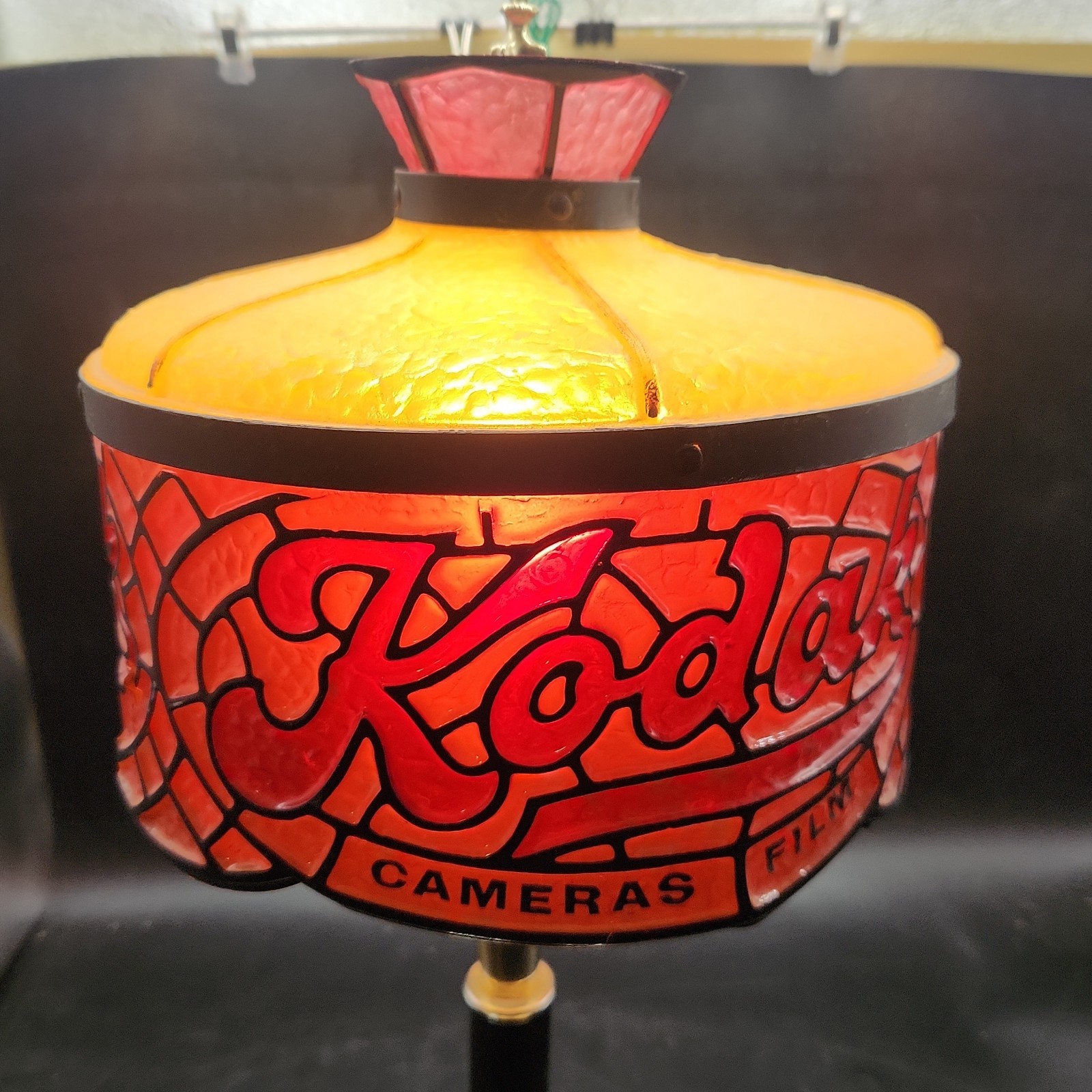 Vtg KODAK CAMERAS AND FILM Lamp Faux Glass Tiffany Style Shade Advertising 17″
