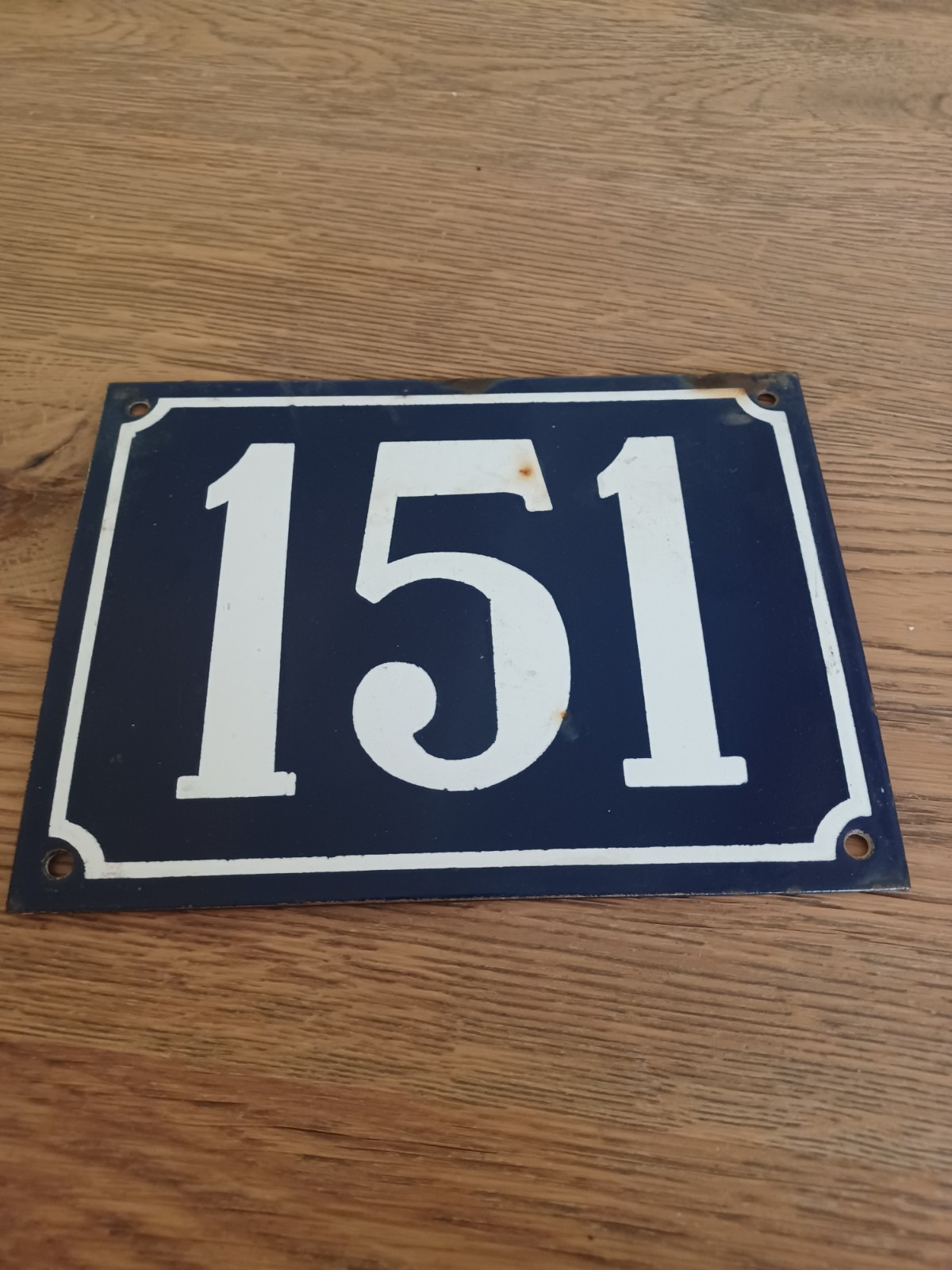 Large Antique Enameled Plaque Street Number 151 20X15cm Navy Blue Enamel