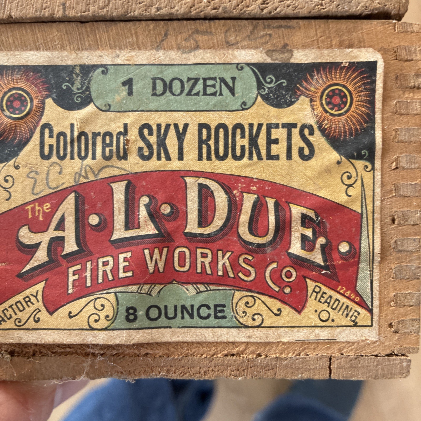 1930’ 40’s A.L DUE Fire Works Sky Rockets EMPTY BOX Wooden Crate Wood Display