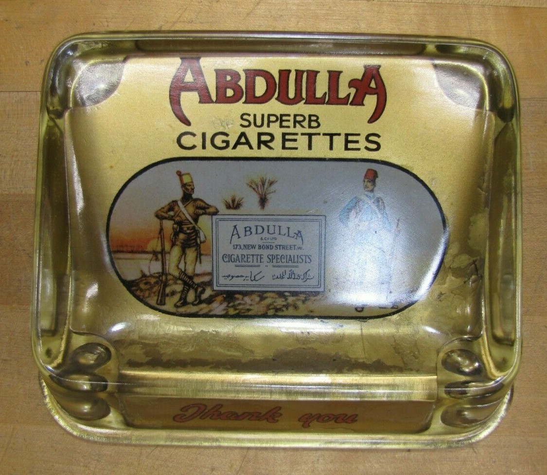 ABDULLA CIGARETTES Old Tobacco Ad ROG Glass Change Receiver Tray Cigar Sign Card