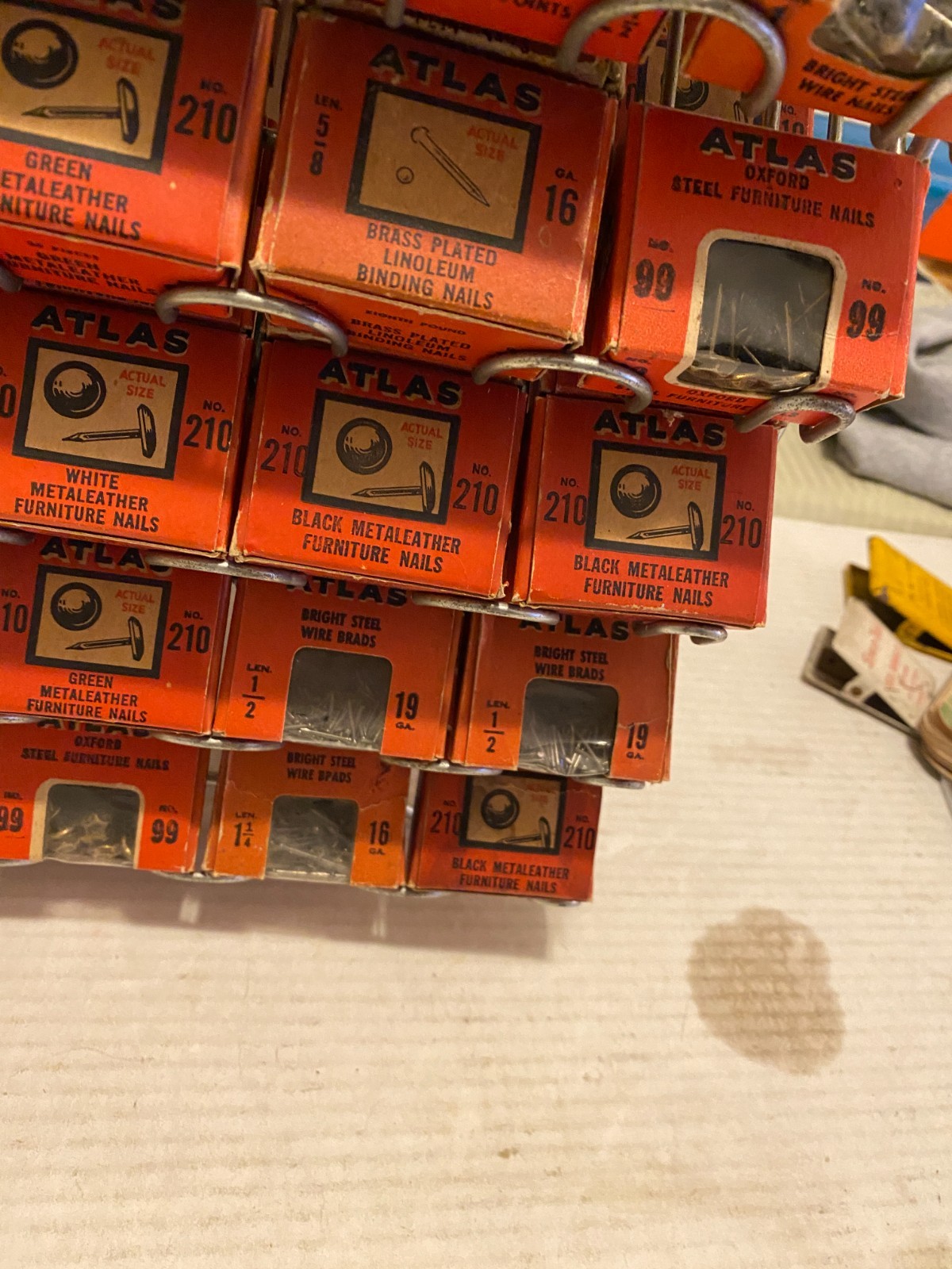 Vintage Atlas Tack and Nail Bar wire rack counter display w/ (65) NOS boxes
