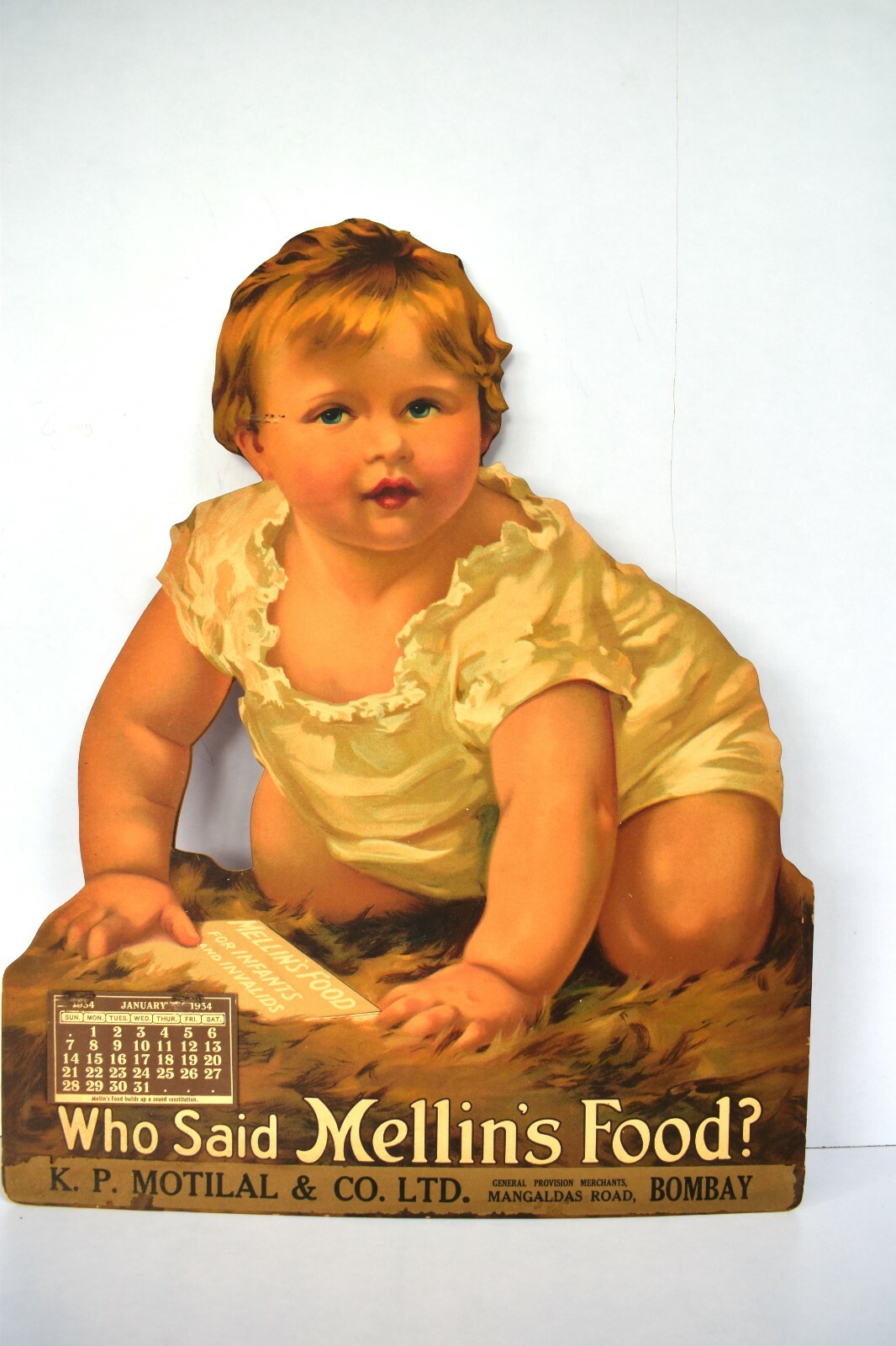 Vintage Mellin’s Food Baby Die Cut Advertising Sign Cardboard Calendar C 1930″F3