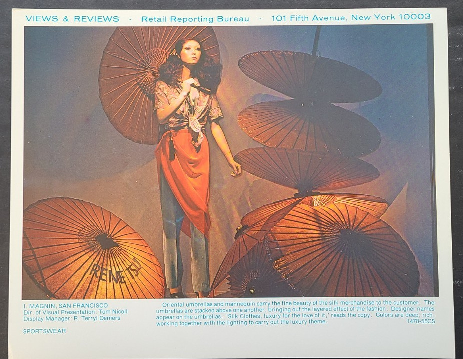 1970s I. MAGNIN, SAN FRANCISCO WINDOW DISPLAY PHOTO SILK CLOTHES