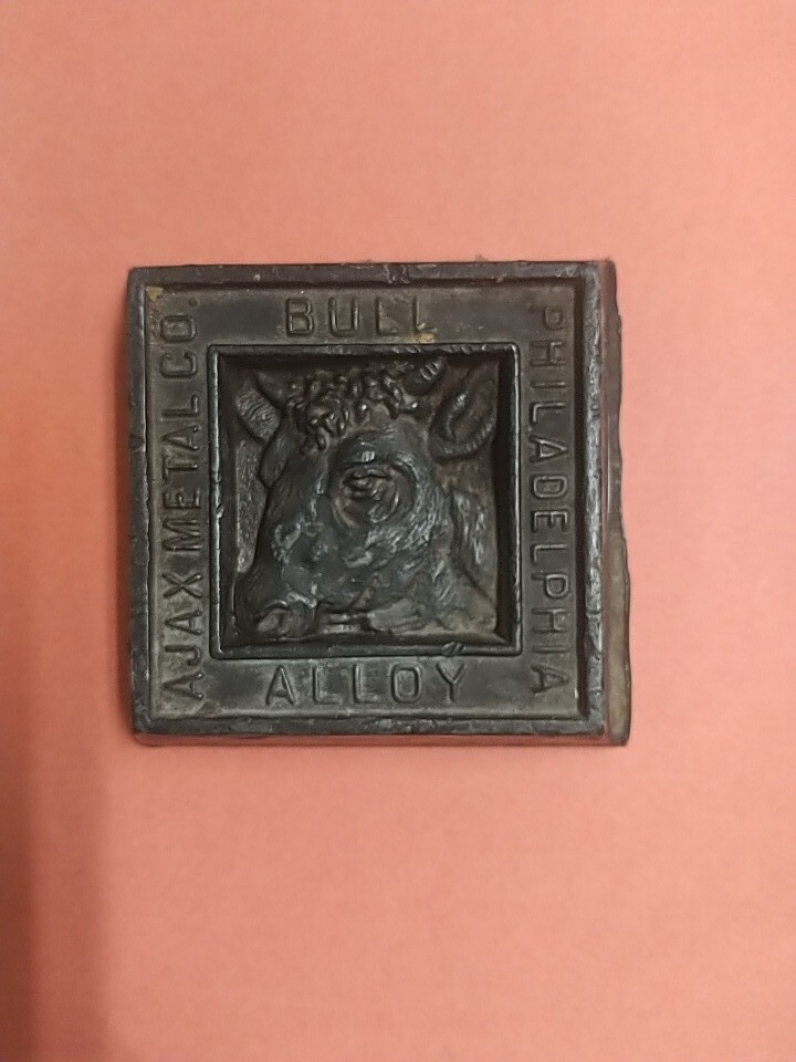 Advertising AJAX METAL Co BULL ALLOY PHILADELPHIA Old Paperweight Store Display