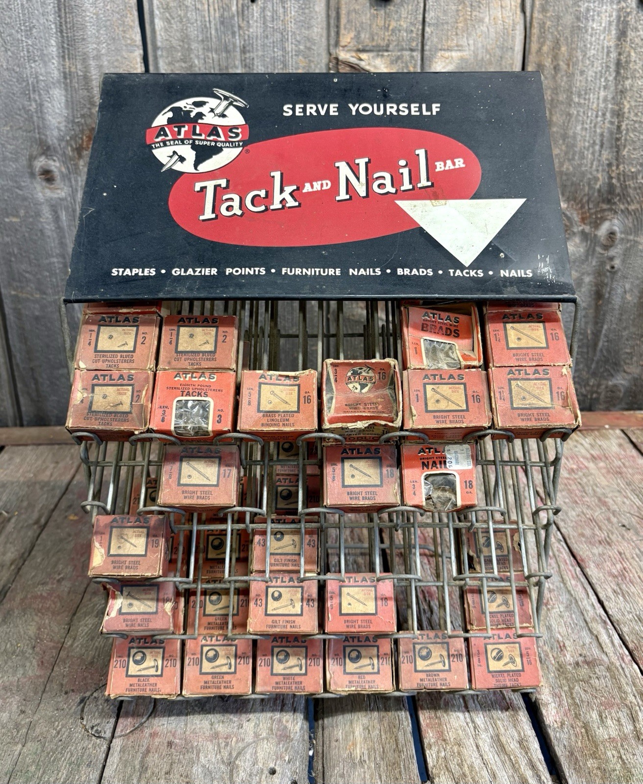 Vintage 60s Hardware Store Atlas Tack & Nail Rack Countertop Display With Boxes