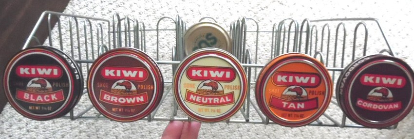 2 Vintage Store Display KIWI Shoe Polish Shoe Shine Metal Racks, red one rotates