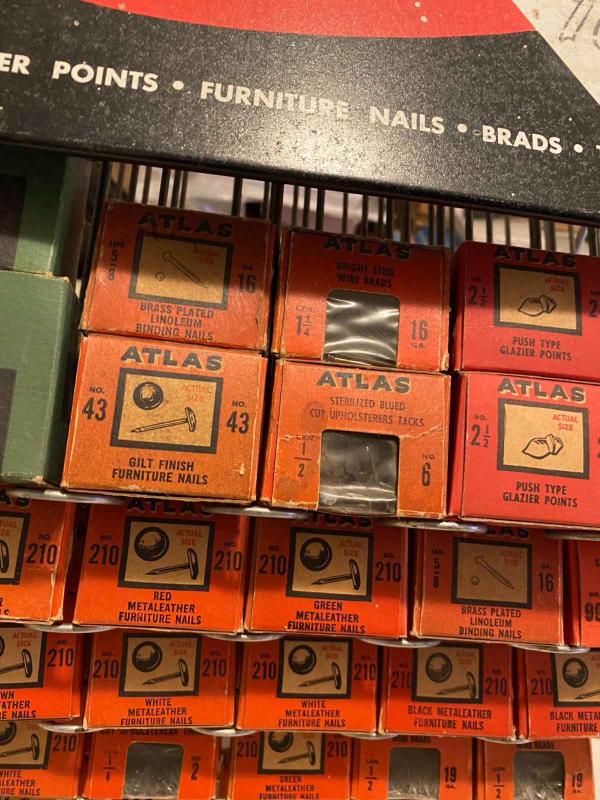 Vintage Atlas Tack and Nail Bar wire rack counter display w/ (65) NOS boxes