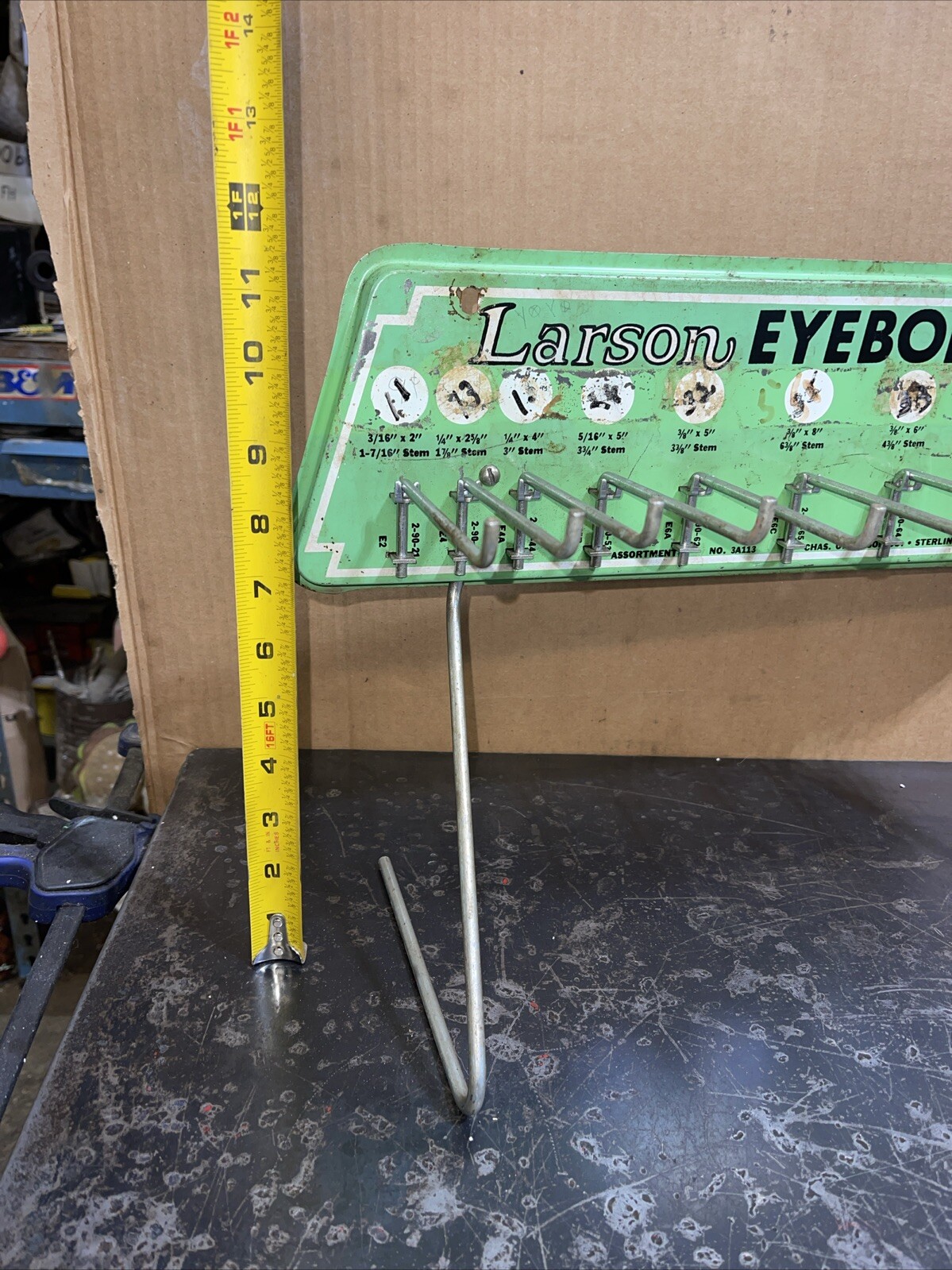 Antique Vintage Larson Eyebolts Hardware Display Rack Tin