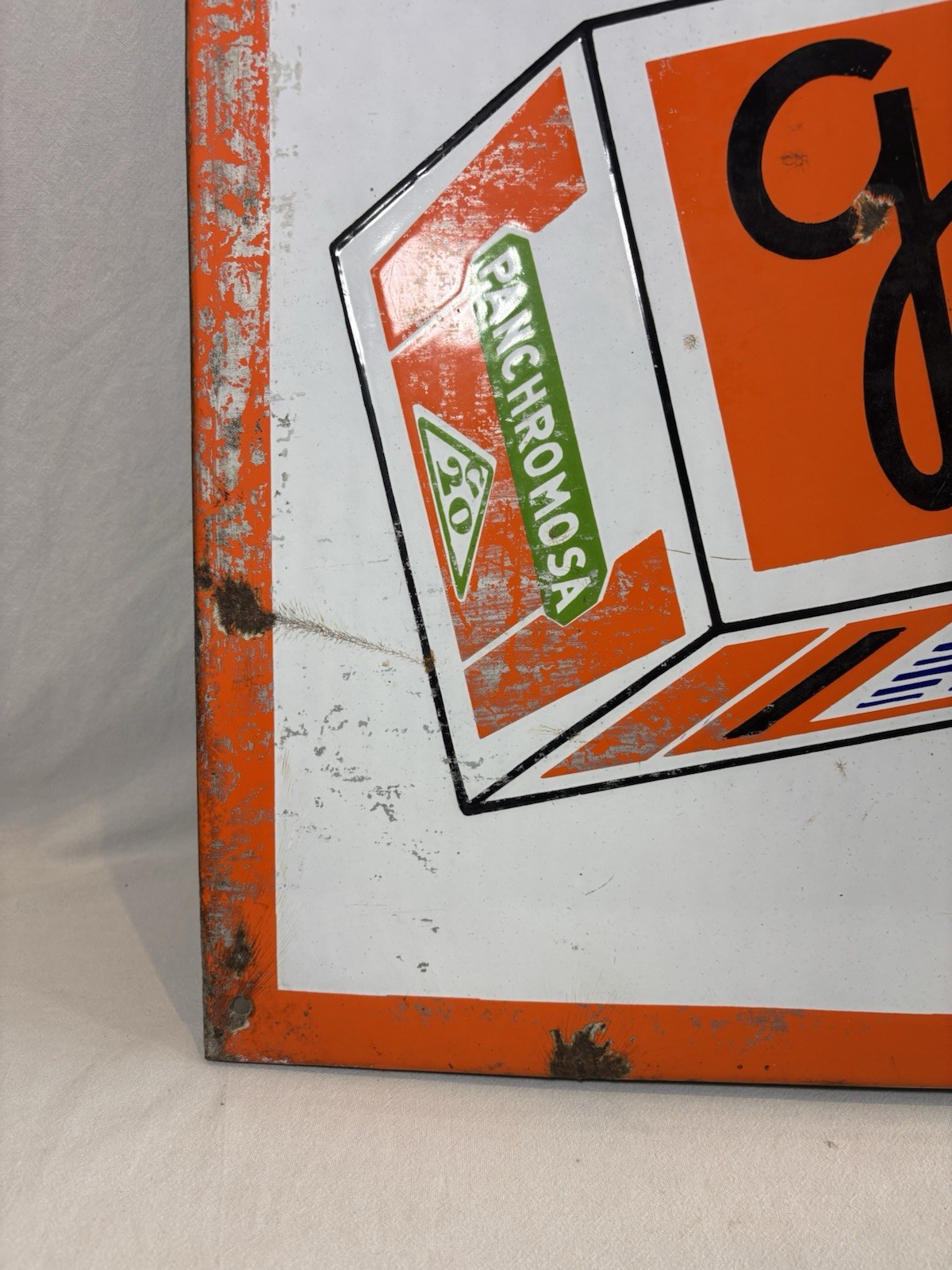 Large ANCIENT ENAMEL SIGN: GEVAERT FILM – PANCHROMOSA 107×57.5cm