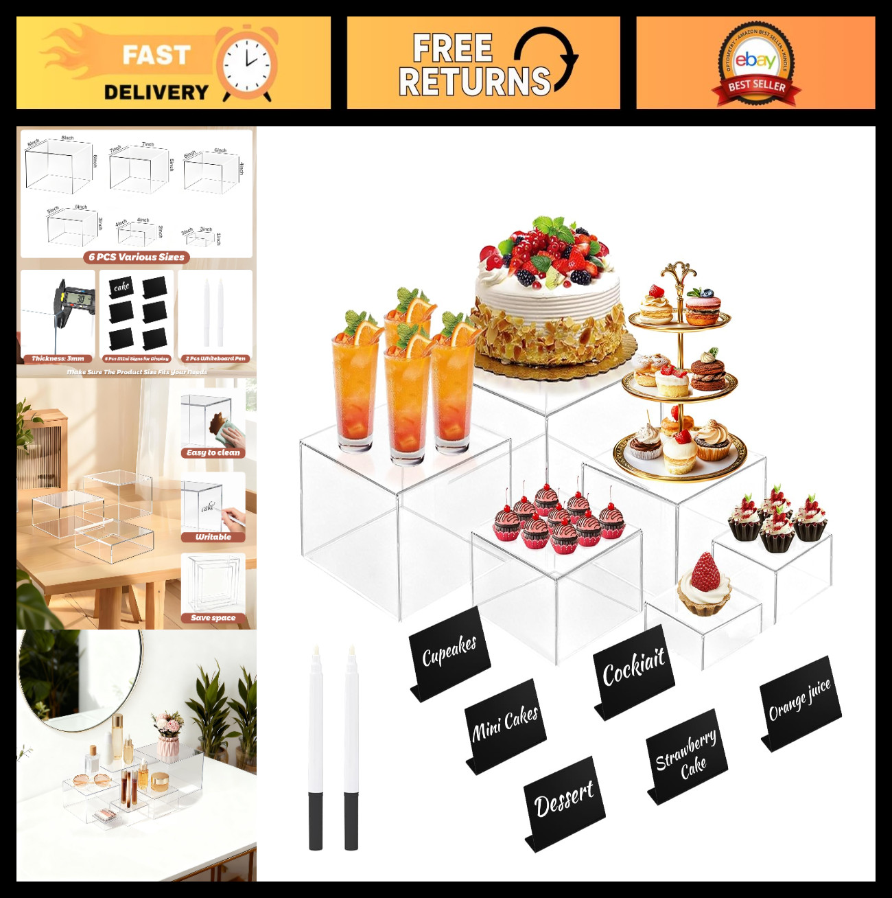 6Pcs Clear Acrylic Buffet Risers with Mini Signs for Party Catering Displays, 8″