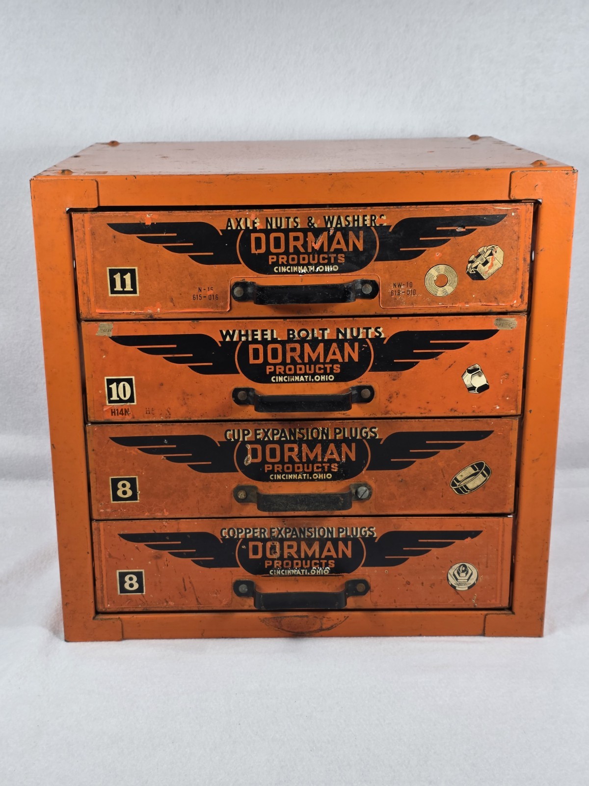 VTG Dorman Auto Parts Bin 4 Drawer Cabinet Counter Orange Tool Organizer