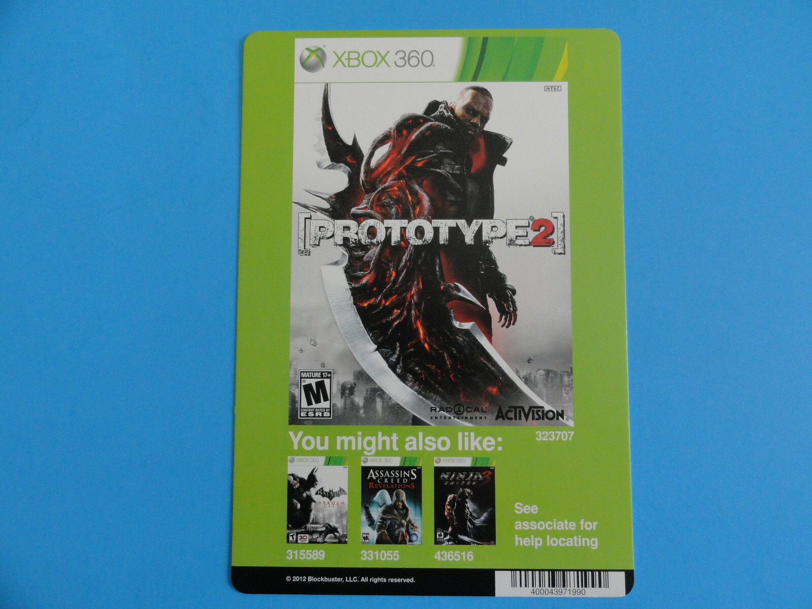 XBOX 360 PROTOTYPE 2 BLOCKBUSTER VIDEO BACKER CARD 5″X8″ -NO GAME