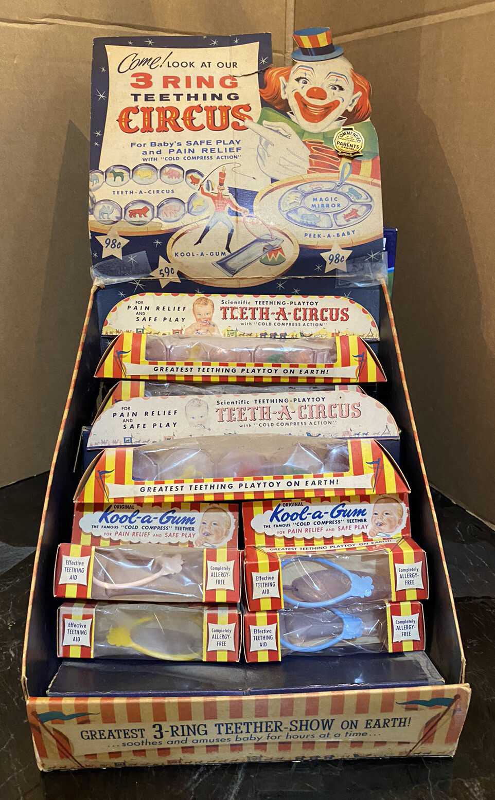 3 RING TEETHING CIRCUS RARE VINTAGE LARGE COUNTERTOP STORE DISPLAY 1940’s