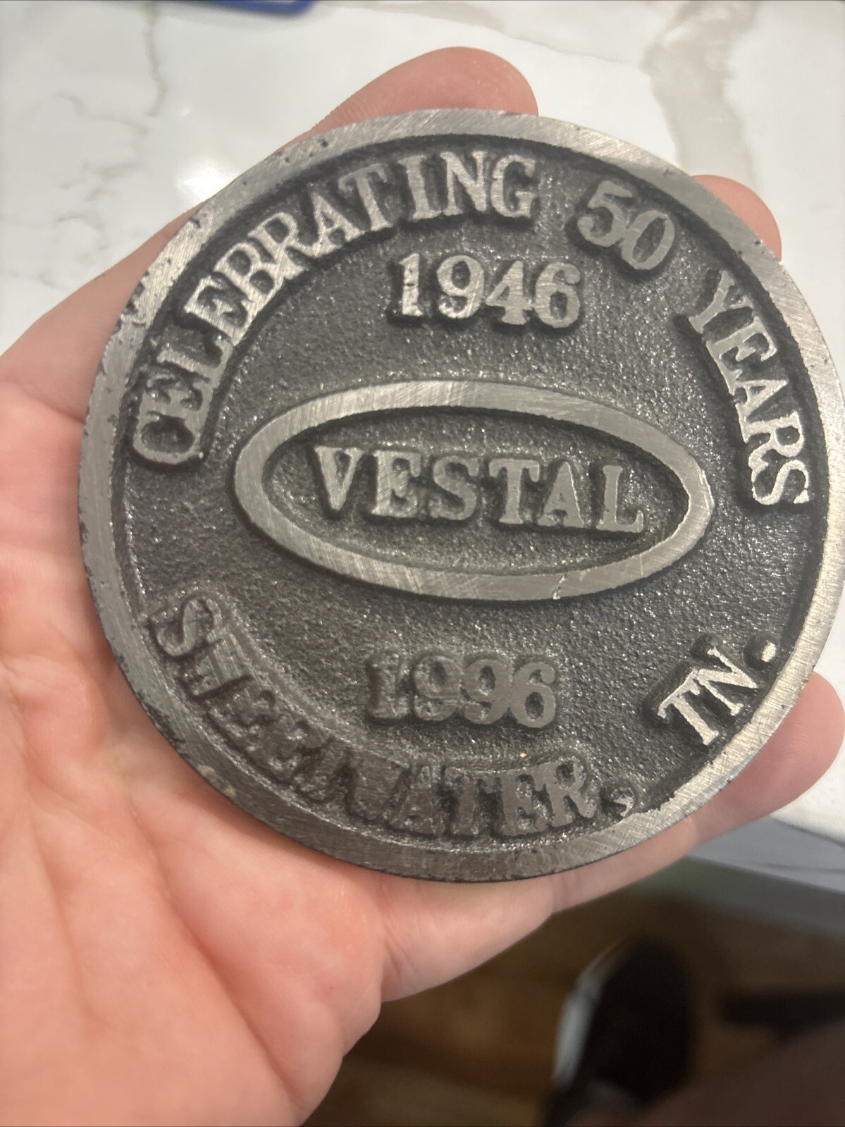 Vestal Stove Co. Sweetwater, Tenn. 50 Years Round Nameplate Display Paperweight