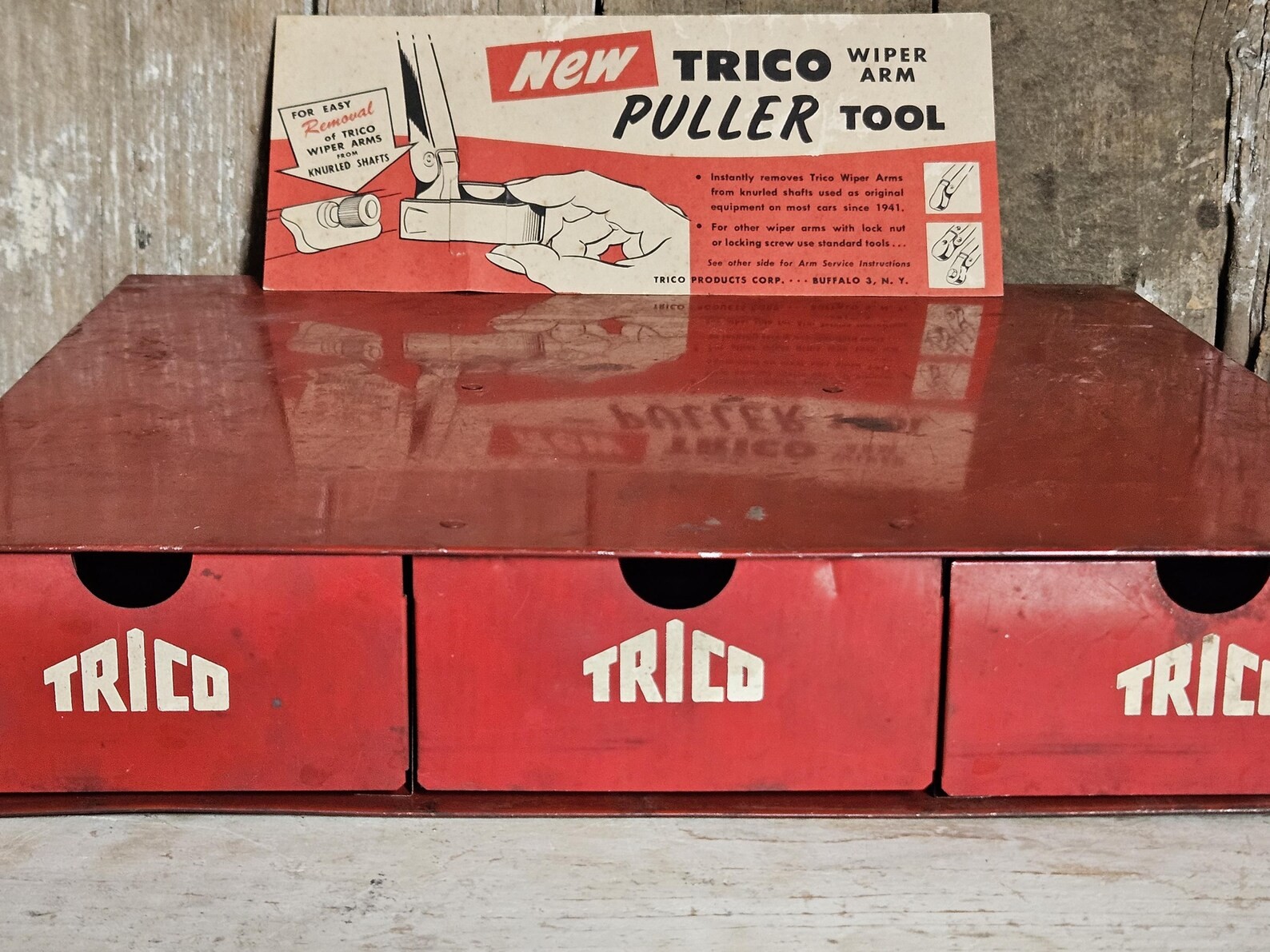 Vintage Trico Red Metal Box with Drawers, Red Car Parts Bin, Auto Store Display